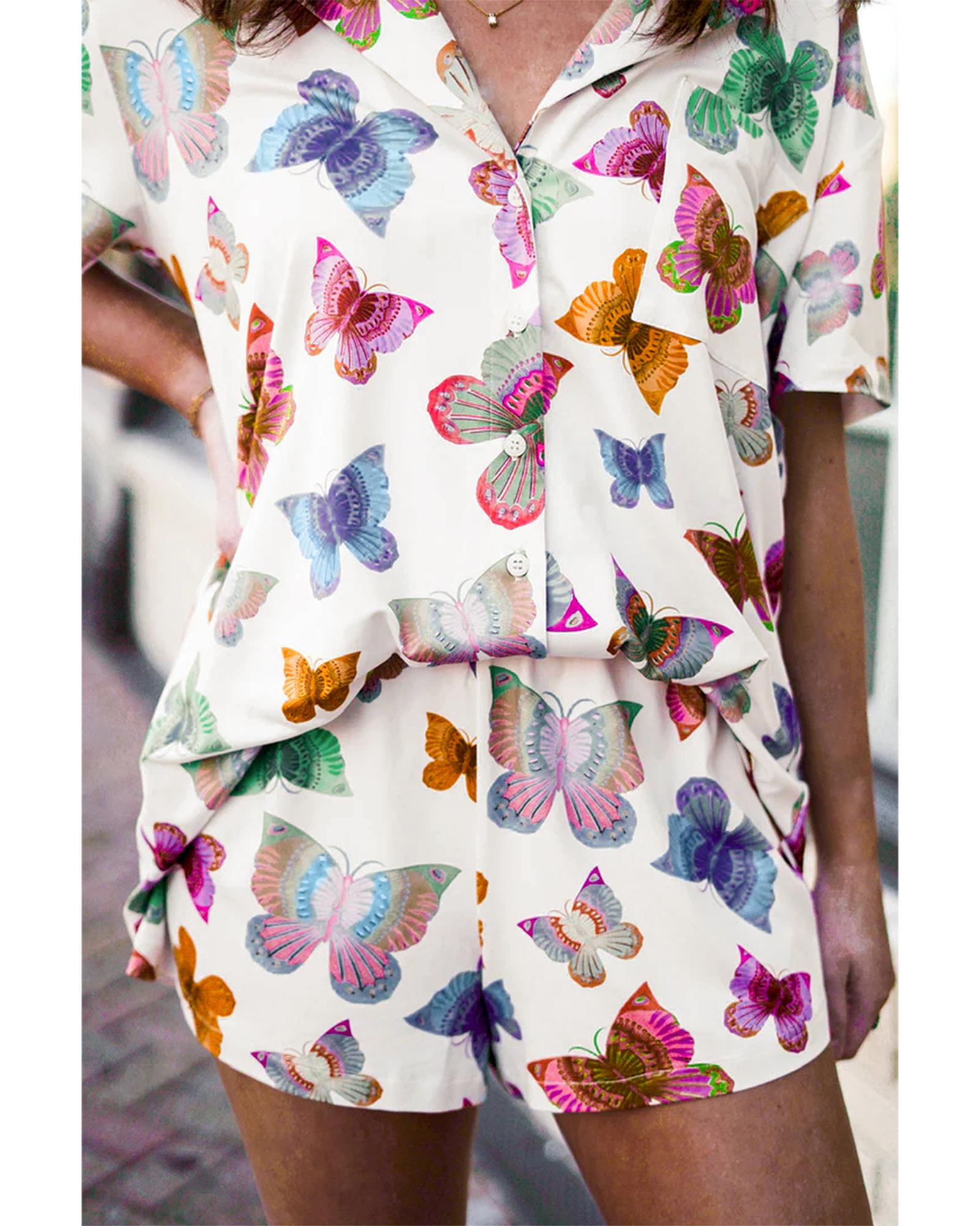 V539-AZEXDC626121-P22-M-202508310220-00 Multicolour Butterfly Pattern Short Sleeve Shirt Pajamas Set - M - Image 1