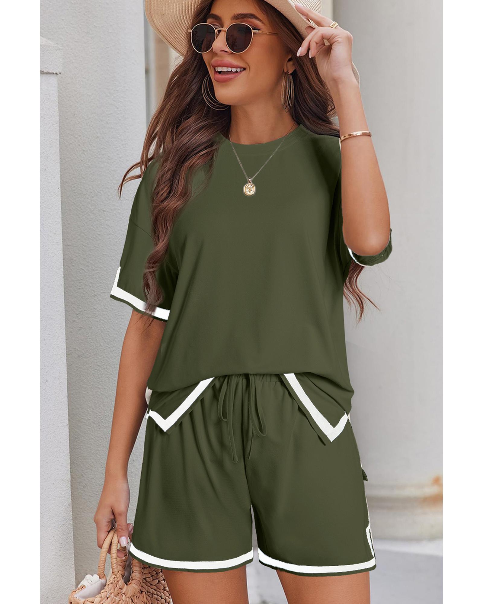 V539-AZEXDC626192-P2409-M-202506141954-00 Vineyard Green Contrast Trim Tee and Shorts Set - M - Image 1