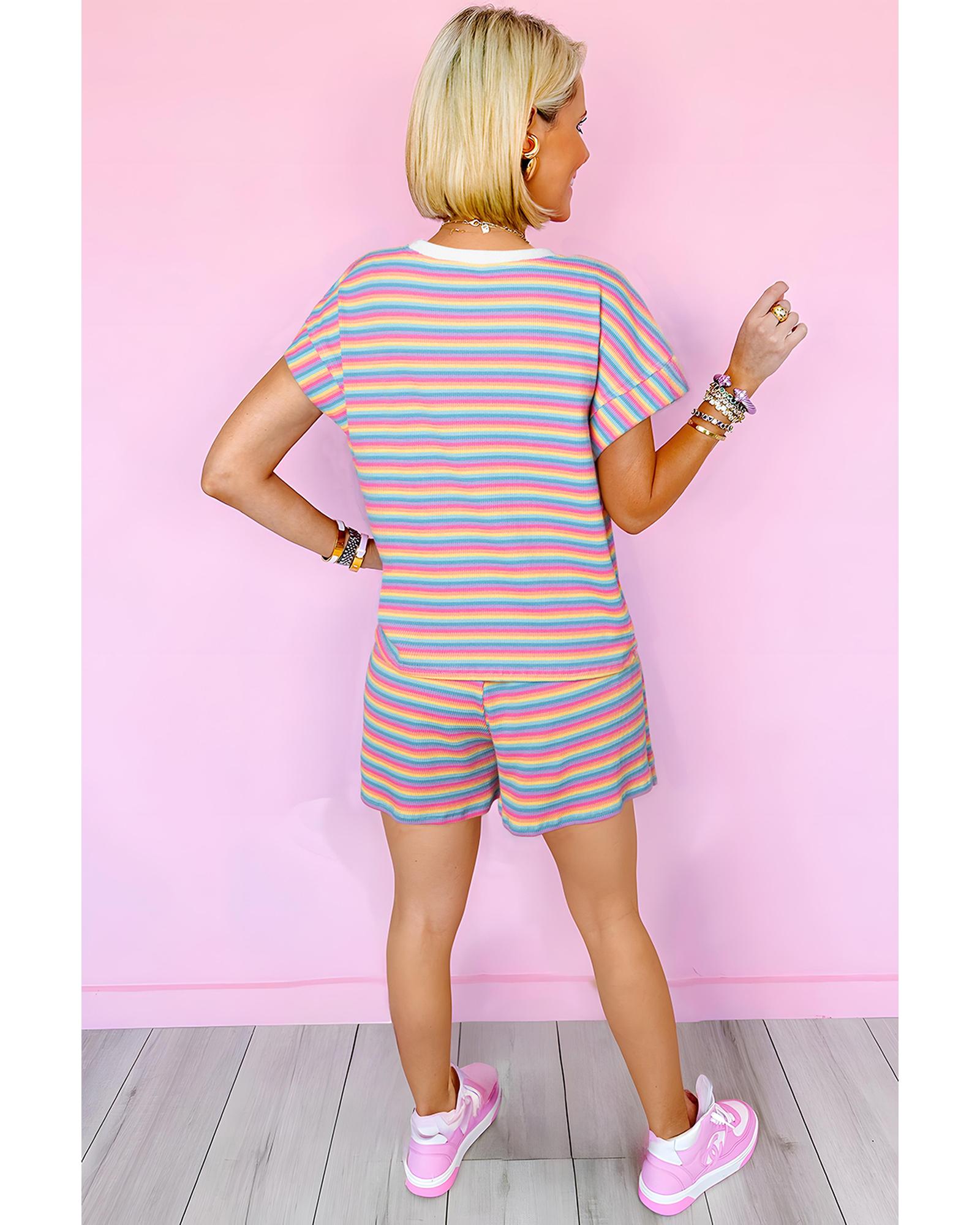 V539-AZEXDC626204-P1019-L-202508300920-00 Pink Stripe Crew Neck Tee and Tasseled Drawstring Shorts Set - L - Image 1