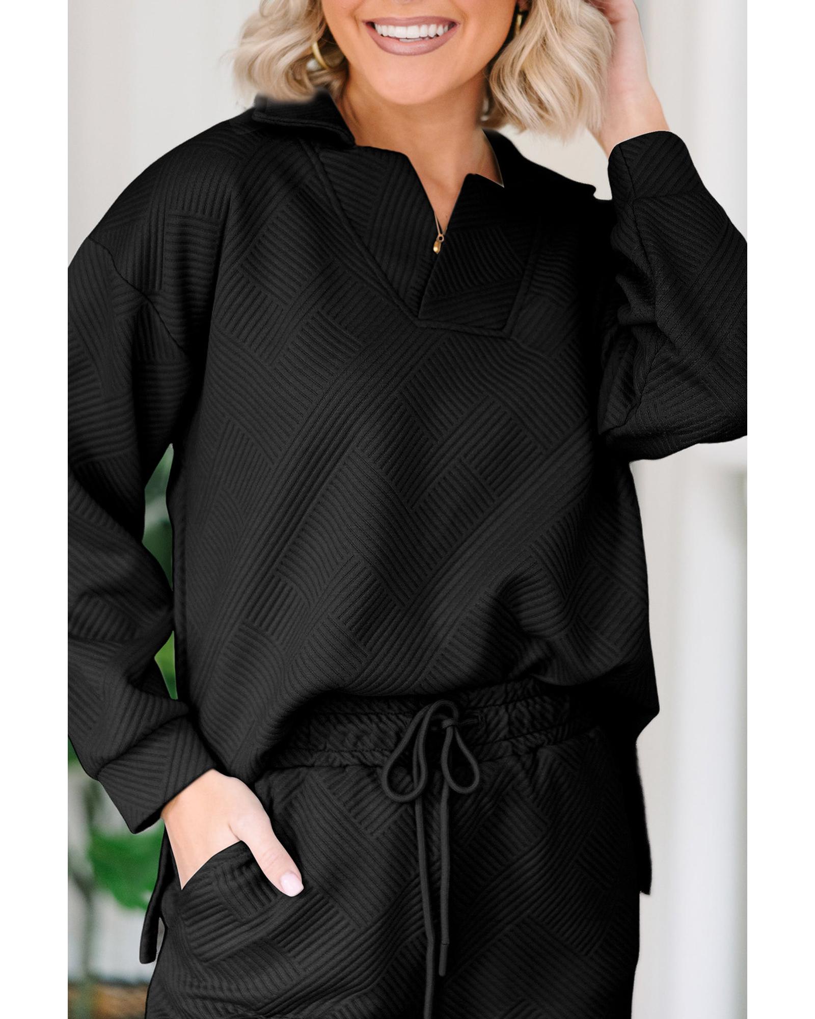 V539-AZEXDC626233-P2-S-202508302140-00 Black Solid Textured Collared V Neck Top and Wide Leg Pants Set - S - Image 1