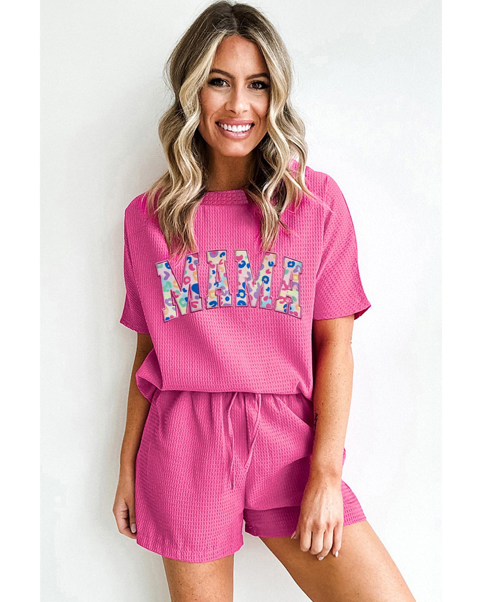 V539-AZEXDC626235-P6-S-202506142035-00 Rose Red MAMA Embroidered Leopard Letters Waffle Short Set - S - Image 1