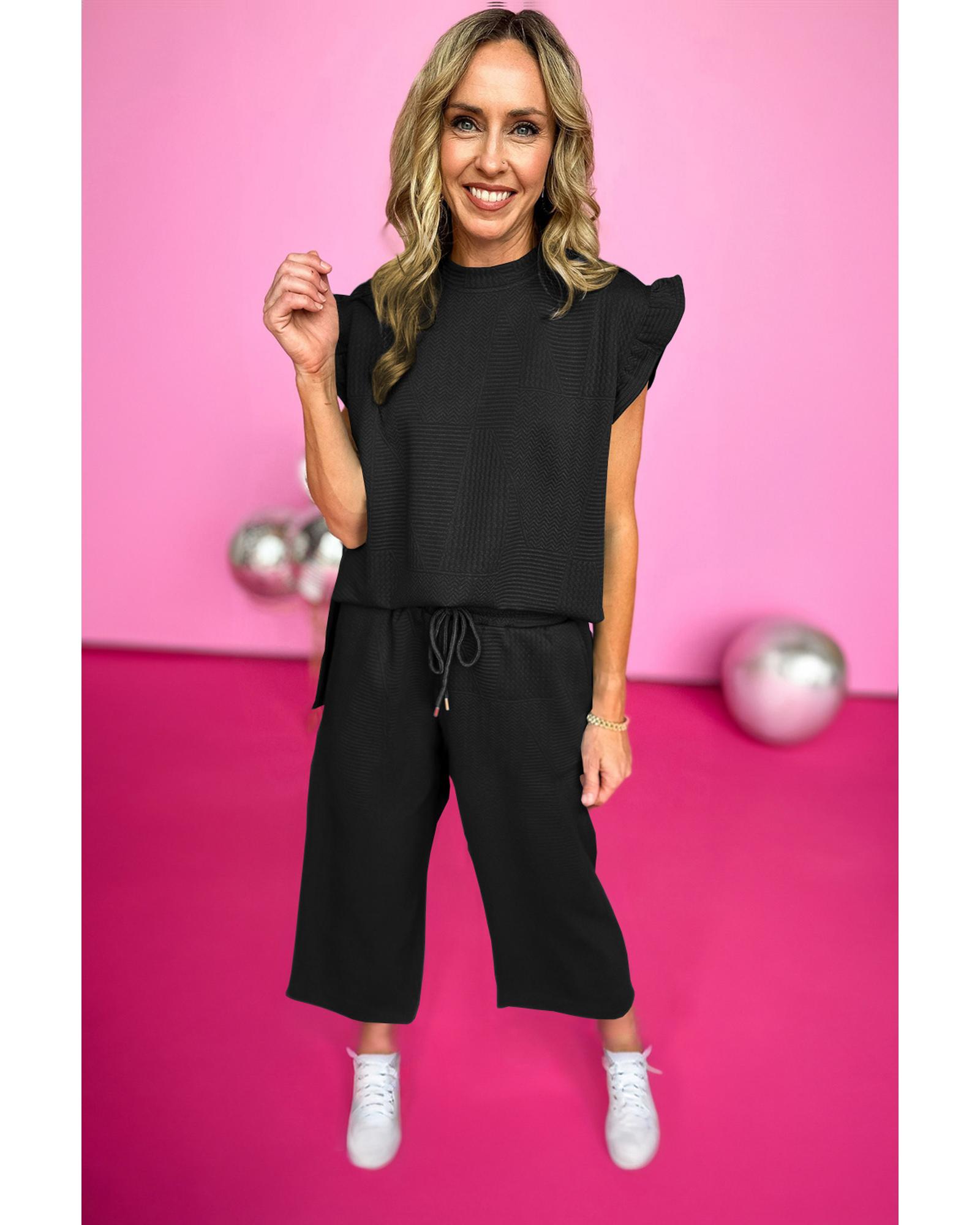 V539-AZEXDC626277-P2-S-202506142116-00 Black Ruffled Sleeve Summer Top and Cropped Loose Pants Set - S - Image 1