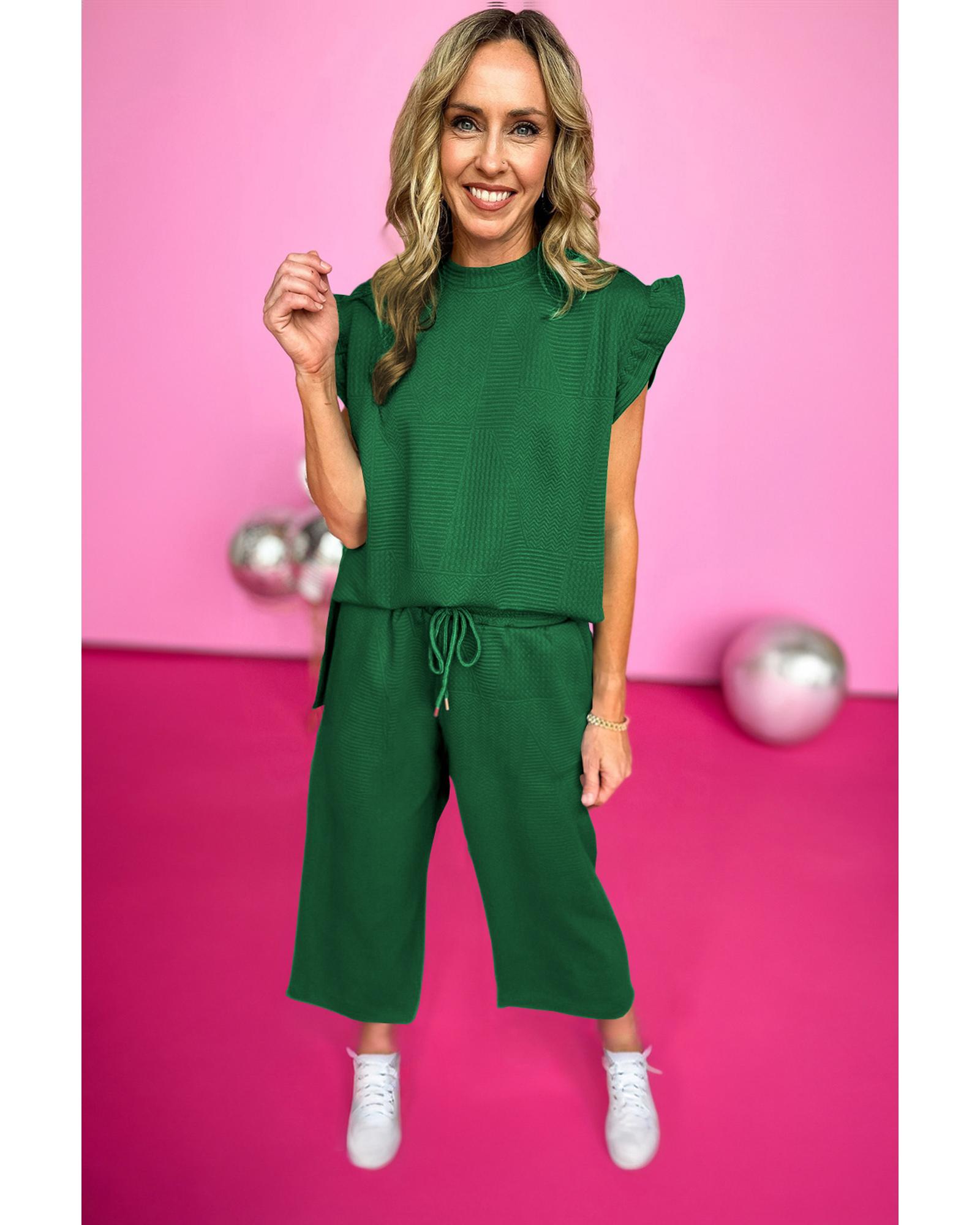 V539-AZEXDC626277-P209-L-202508290115-00 Dark Green Ruffled Sleeve Summer Top and Cropped Loose Pants Set - L - Image 1