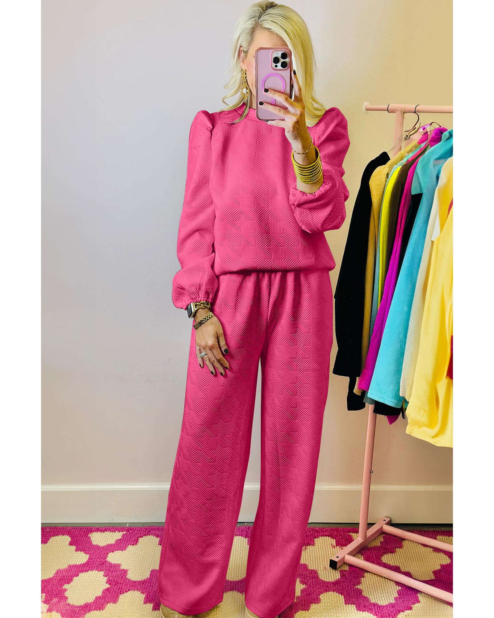 V539-AZEXDC626340-P6-L-202508281345-00 Rose Red Textured Puff Sleeve Top and Pants Set - L - Image 1