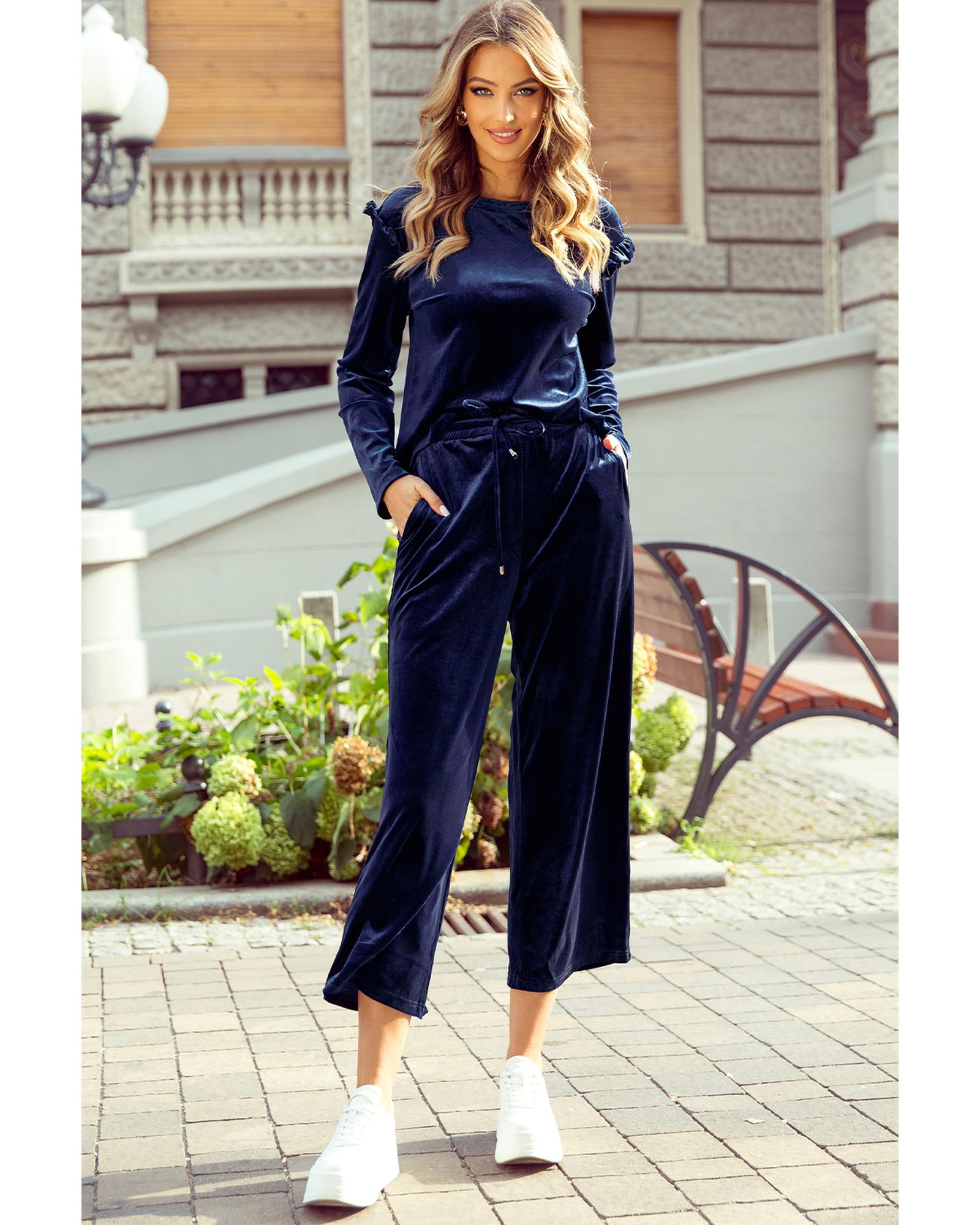 V539-AZEXDC626367-P605-XL-202509031030-00 Navy Blue Solid Velvet Ruffled Two Piece Pants Set - XL - Image 1