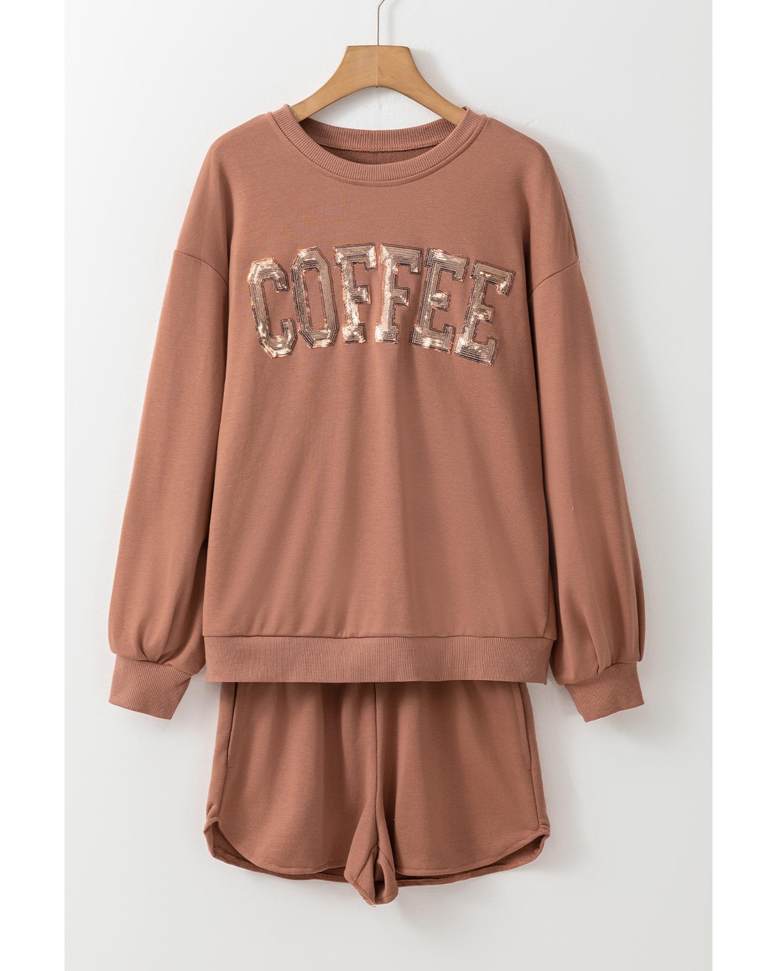 V539-AZEXDC626442-P8016-S-202506142216-00 Straw Yellow Sequined COFFEE Loose Fit Sweatshirt and Shorts Set - S - Image 1