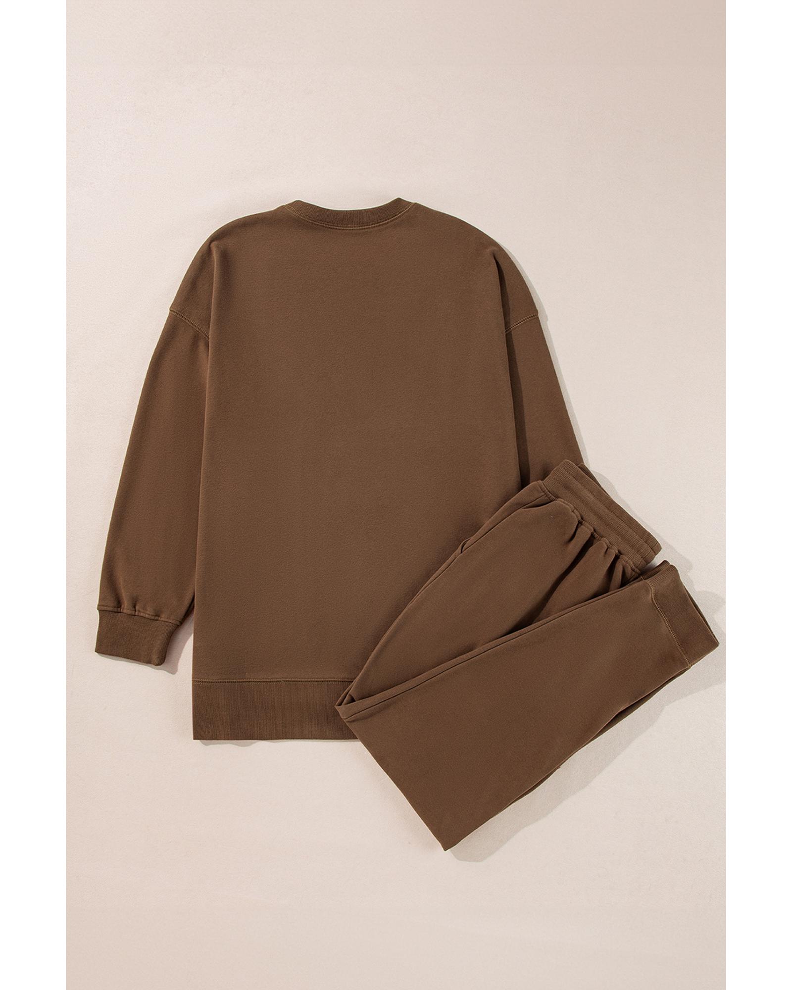 V539-AZEXDC626533-P1017-S-202506150241-00 Coffee Solid Color High Low Pullover and Skinny Pants Set - S - Image 1