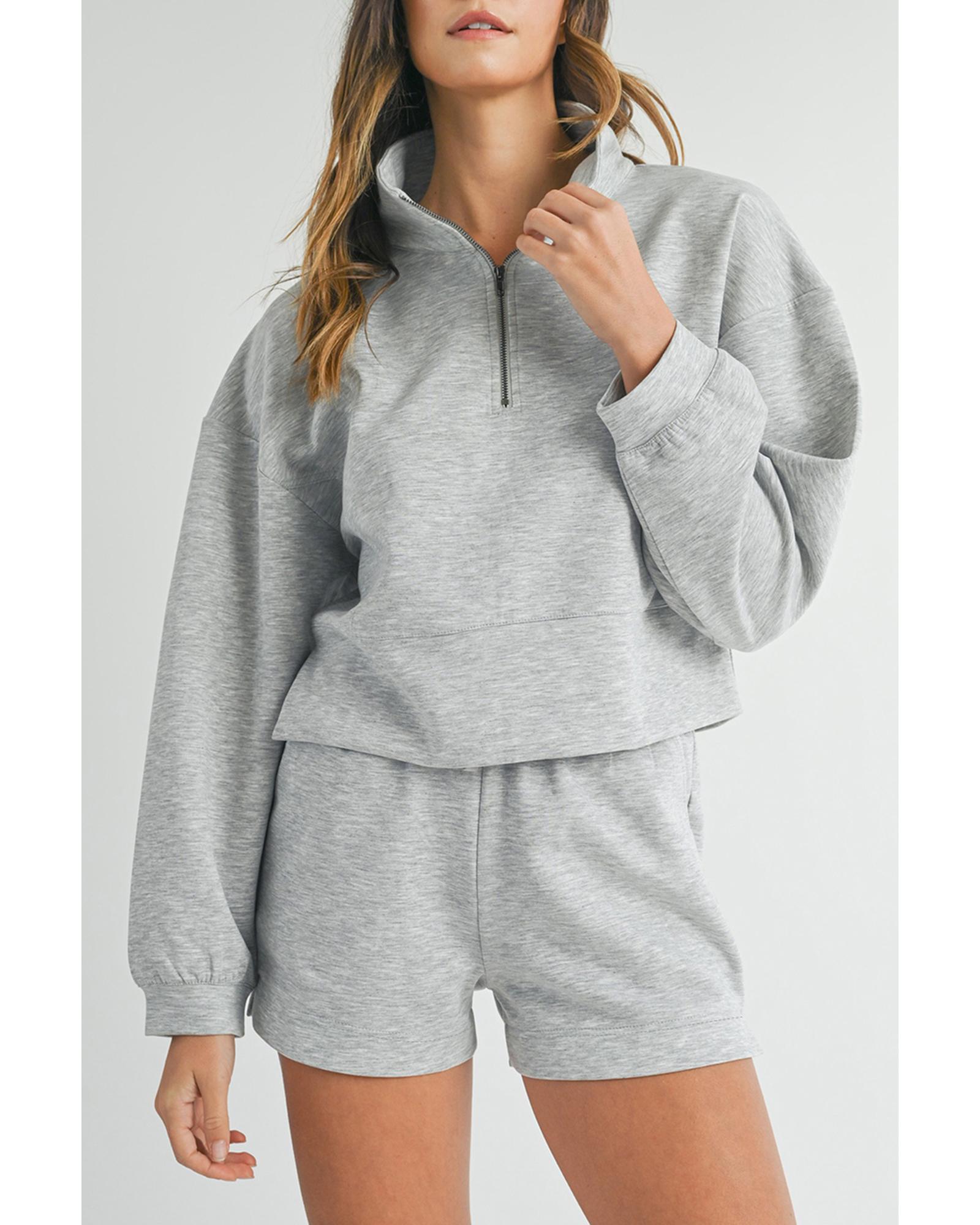 V539-AZEXDC626536-P1011-S-202506150252-00 Light Grey Stand Neck Zipped Sweatshirt and Shorts Set - S - Image 1