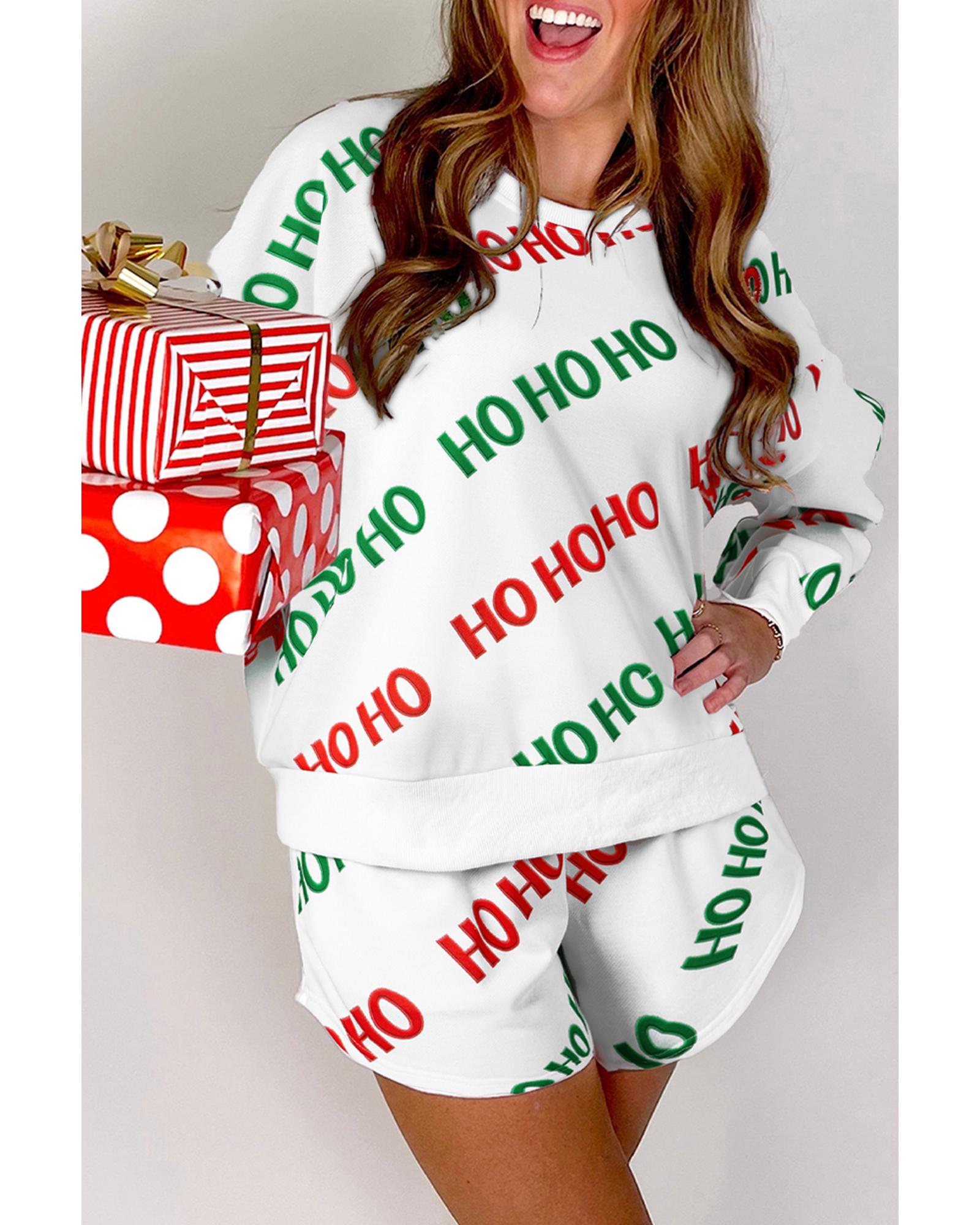 V539-AZEXDC626548-P122-L-202508302205-00 White Christmas HOHOHO Print Drop Shoulder Pullover and Casual Shorts Set - L - Image 1