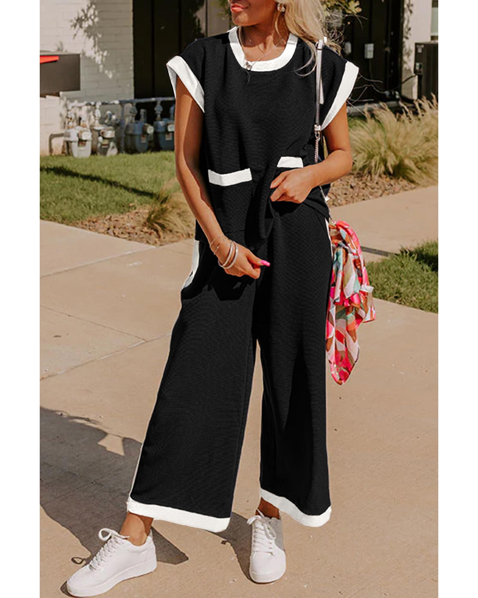 V539-AZEXDC626622-P2-2XL-202508302245-00 Black Color Block Pocketed T Shirt and Wide Leg Pants Set - 2XL - Image 1