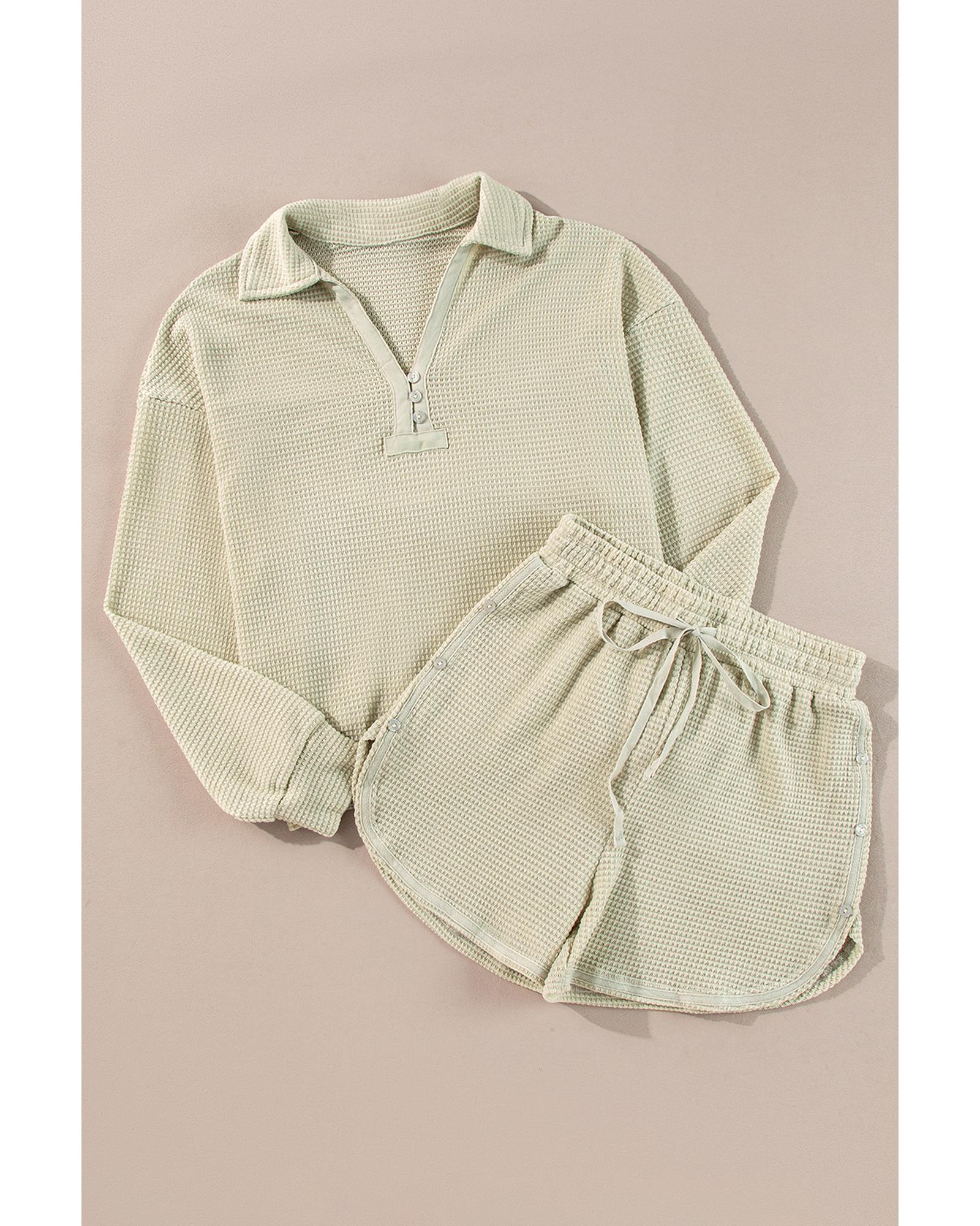 V539-AZEXDC626638-P6016-L-202508301240-00 Parchment Textured Buttoned Long Sleeve Top 2 Piece Shorts Set - L - Image 1