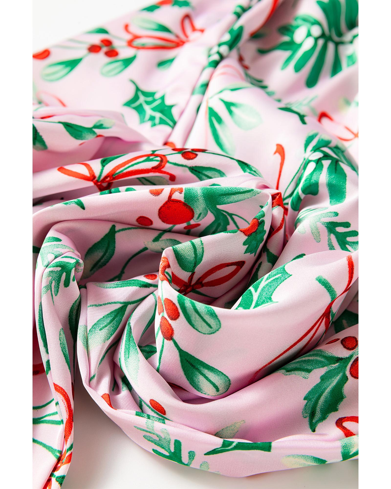 V539-AZEXDC626660-P1020-M-202508300710-00 Pink Christmas Berries Plant Print Satin Long Sleeve Pajama Set - M - Image 1