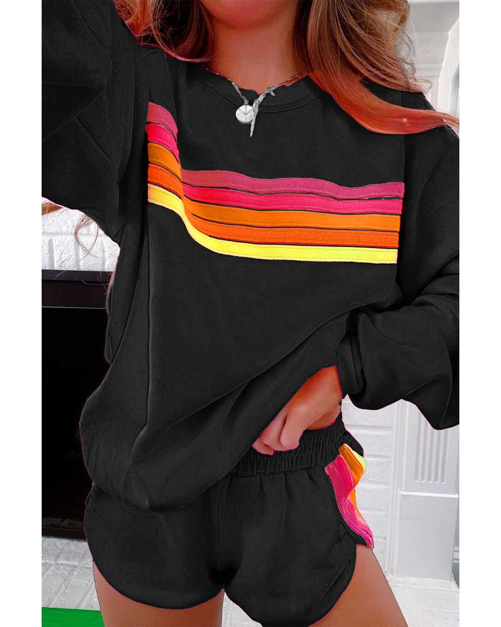 V539-AZEXDC626684-P2-S-202506150025-00 Black Striped Accent Pullover and Shorts Two Piece Casual Set - S - Image 1