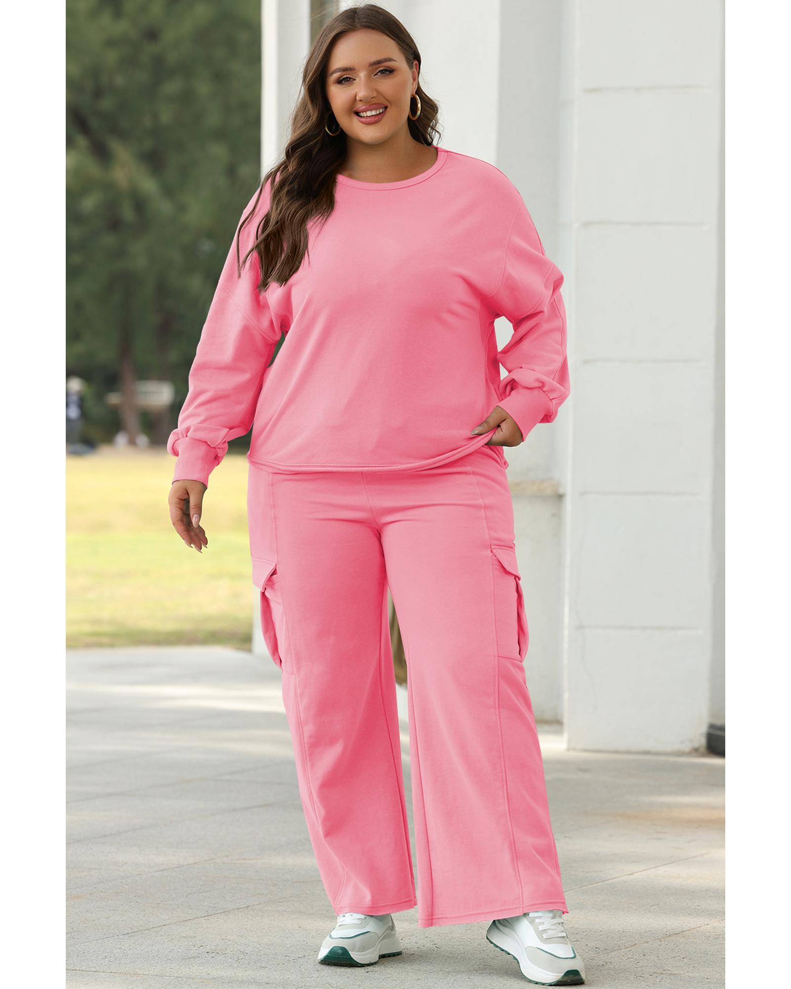 V539-AZEXDC626695-P406-L-202508300630-00 Sachet Pink Solid Color Patchwork Pullover Top and Cargo Pants Set - L - Image 1