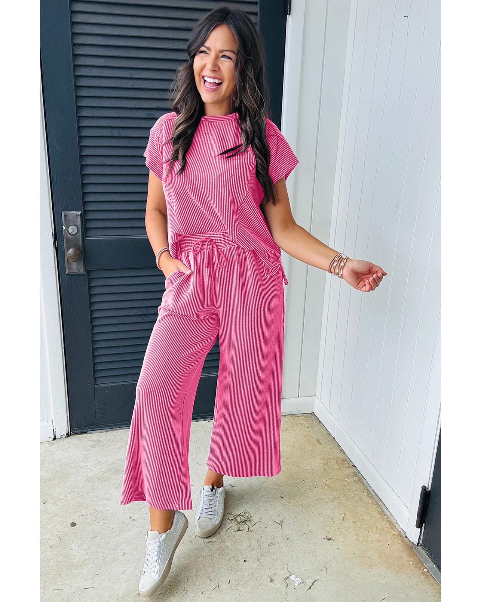 V539-AZEXDC626736-P106-M-202508300220-00 Bright Pink Solid Corded Knit Short Sleeve T Shirt and Wide Leg Pants Set - M - Image 1
