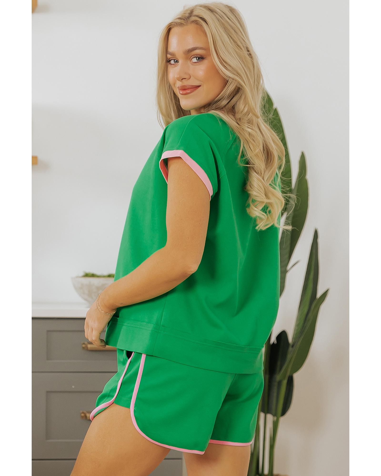 V539-AZEXDC626743-P109-L-202508280055-00 Bright Green Two Tone Contrast Textured Crewneck Tee and Shorts Set - L - Image 1