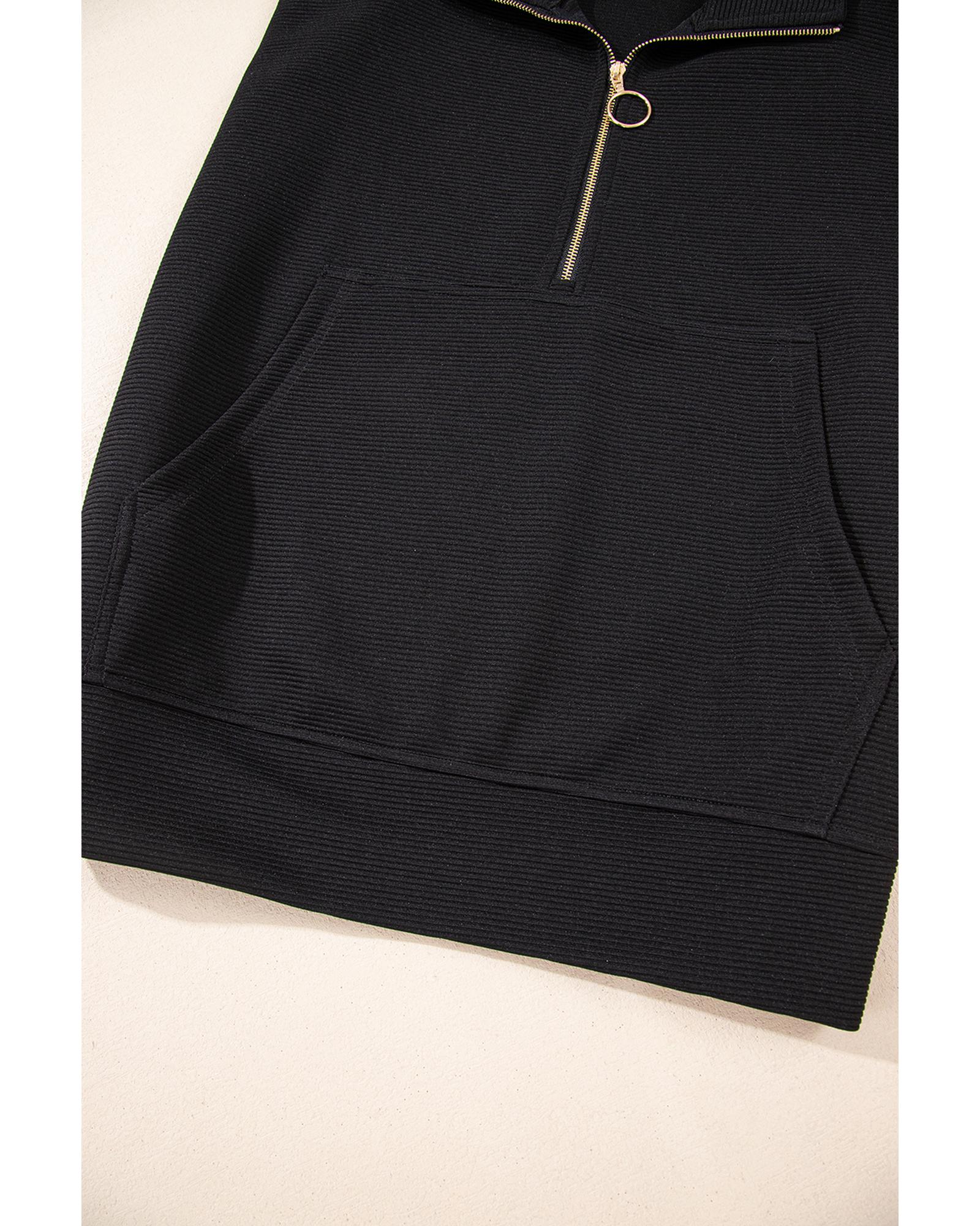 Black Textured Half Zip Kangaroo Pocket Top Drawstring Shorts Set - S