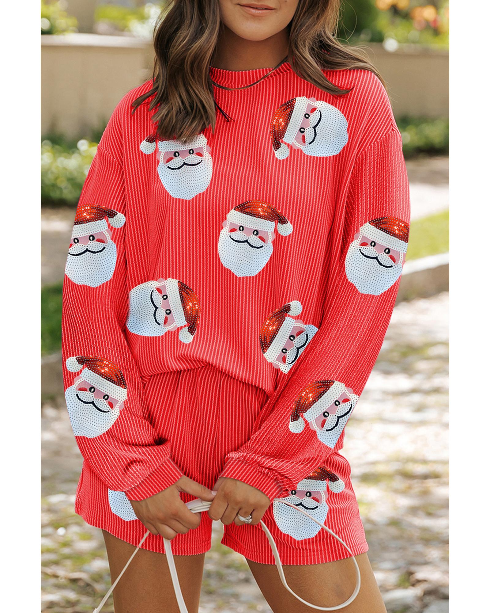 V539-AZEXDC626763-P5014-XL-202508280205-00 Gold Flame Sequin Christmas Santa Clause Corded Pullover and Shorts Set - XL - Image 1