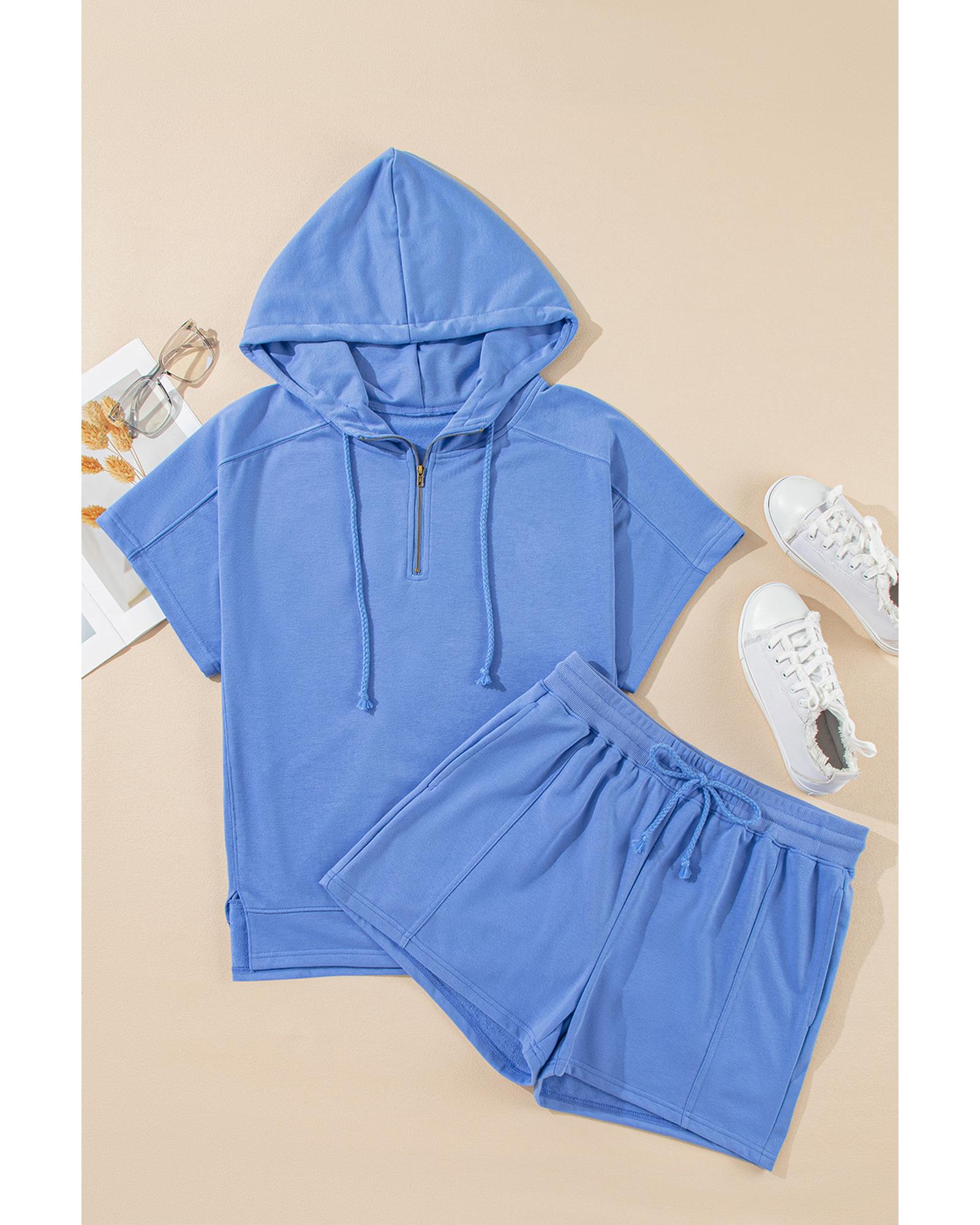 V539-AZEXDC626771-P205-XL-202508281435-00 Sky Blue Casual Zipped Short Sleeve Hoodie and Shorts Set - XL - Image 1
