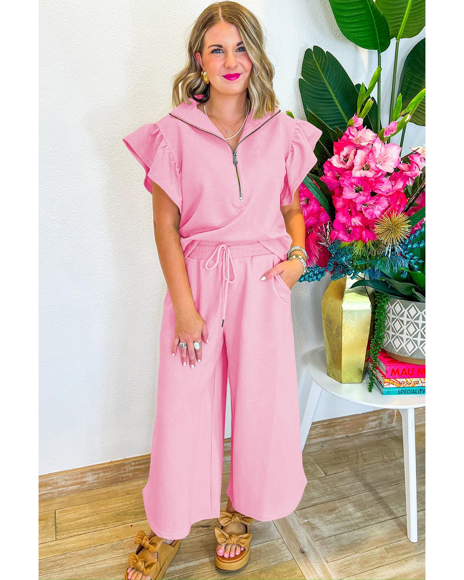 V539-AZEXDC626787-P10-XL-202508300105-00 Pink Textured Ruffled Sleeve Zipped Top and Wide Leg Pants Set - XL - Image 1