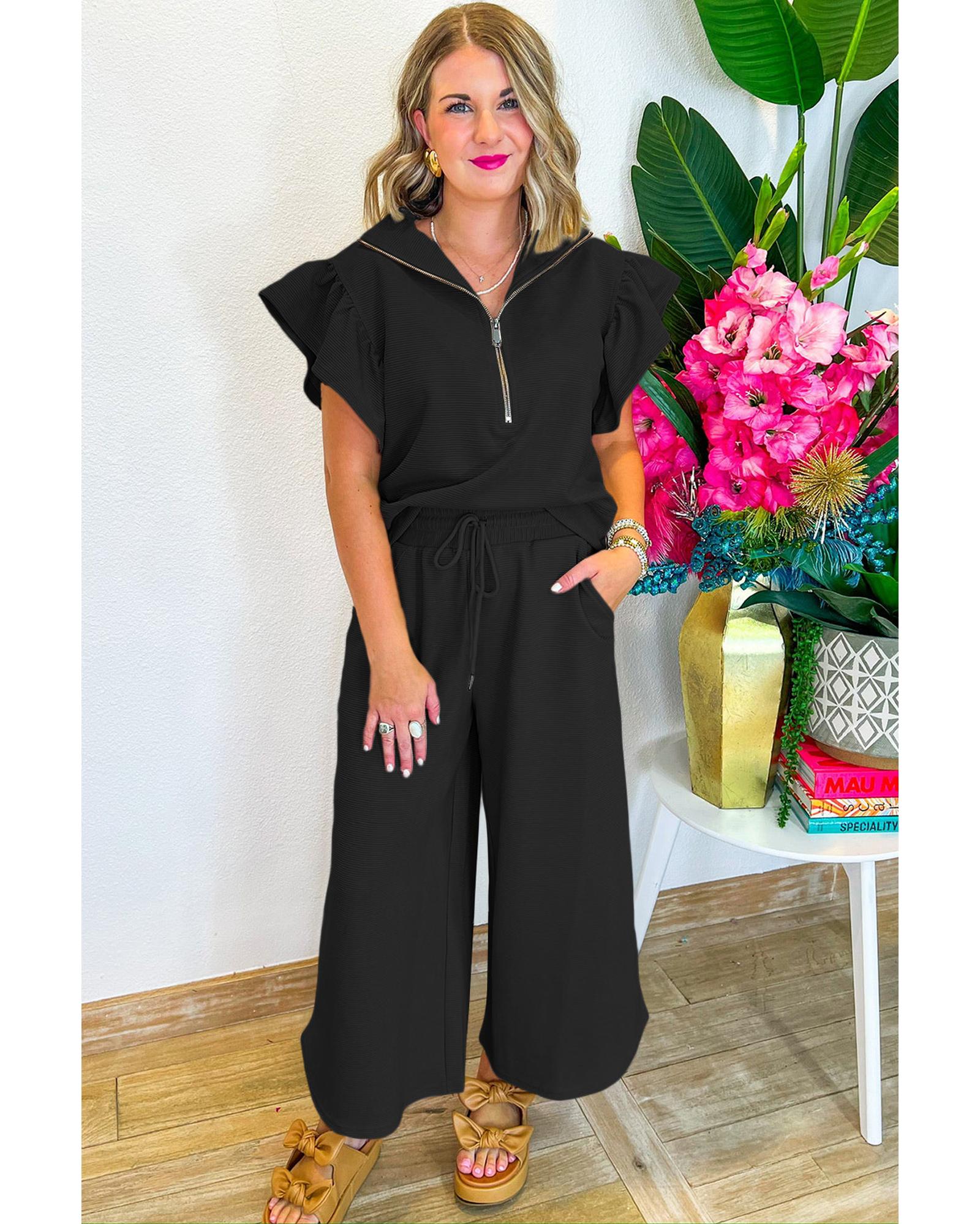 V539-AZEXDC626787-P2-M-202508281315-00 Black Textured Ruffled Sleeve Zipped Top and Wide Leg Pants Set - M - Image 1