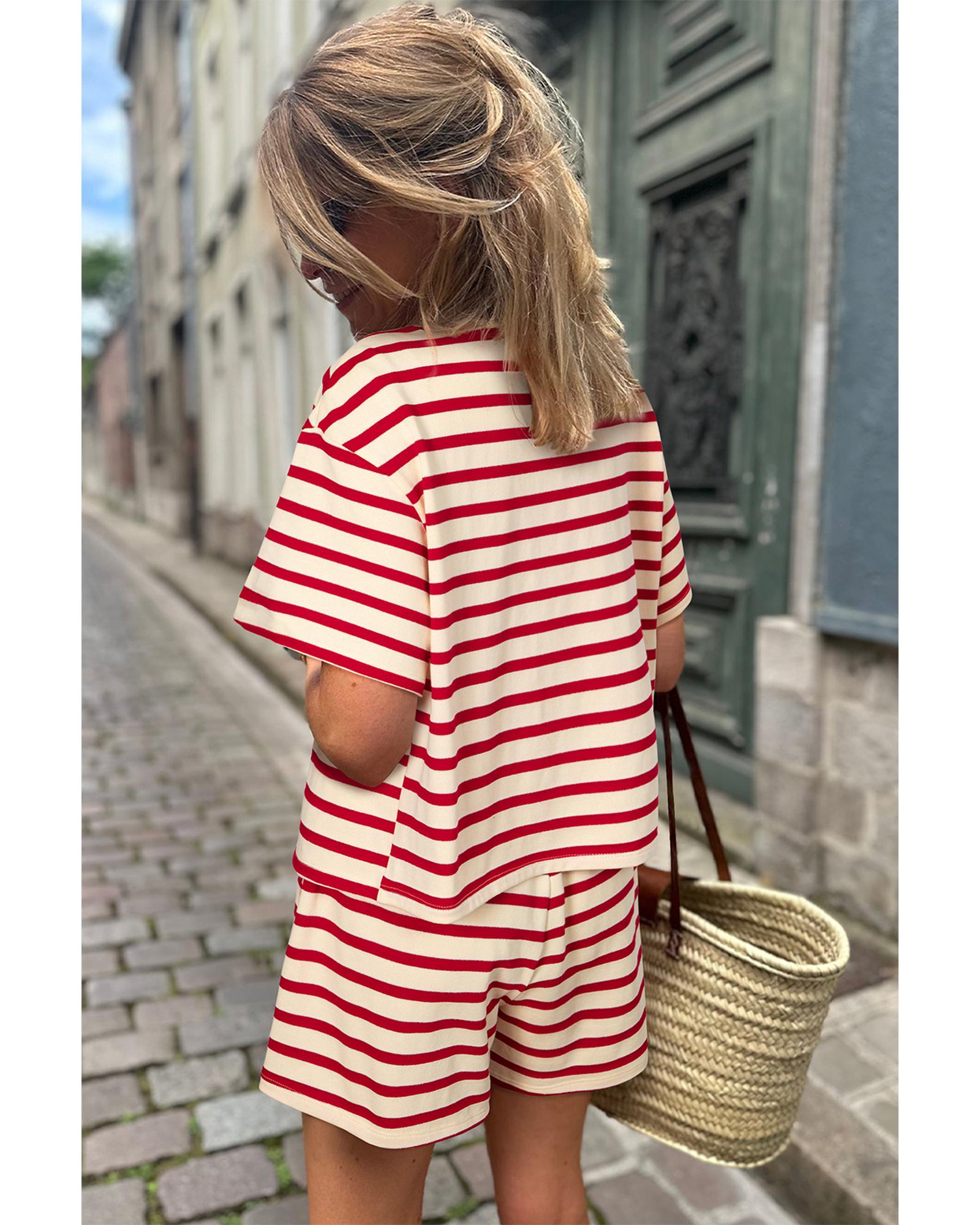 V539-AZEXDC626889-P319-L-202508292305-00 Red Stripe Lace-up Front Top and High Waist Shorts Set - L - Image 1