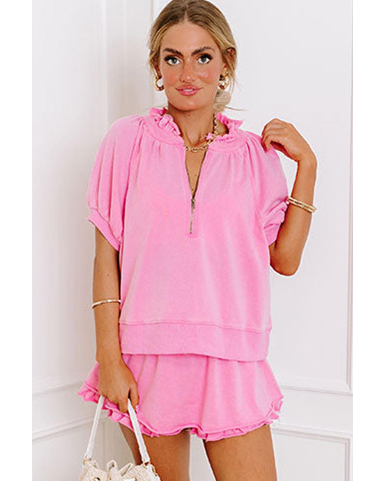 V539-AZEXDC626983-P10-XL-202508302355-00 Pink Half Zip Puff Sleeve Top and Ruffled Shorts Set - XL - Image 1