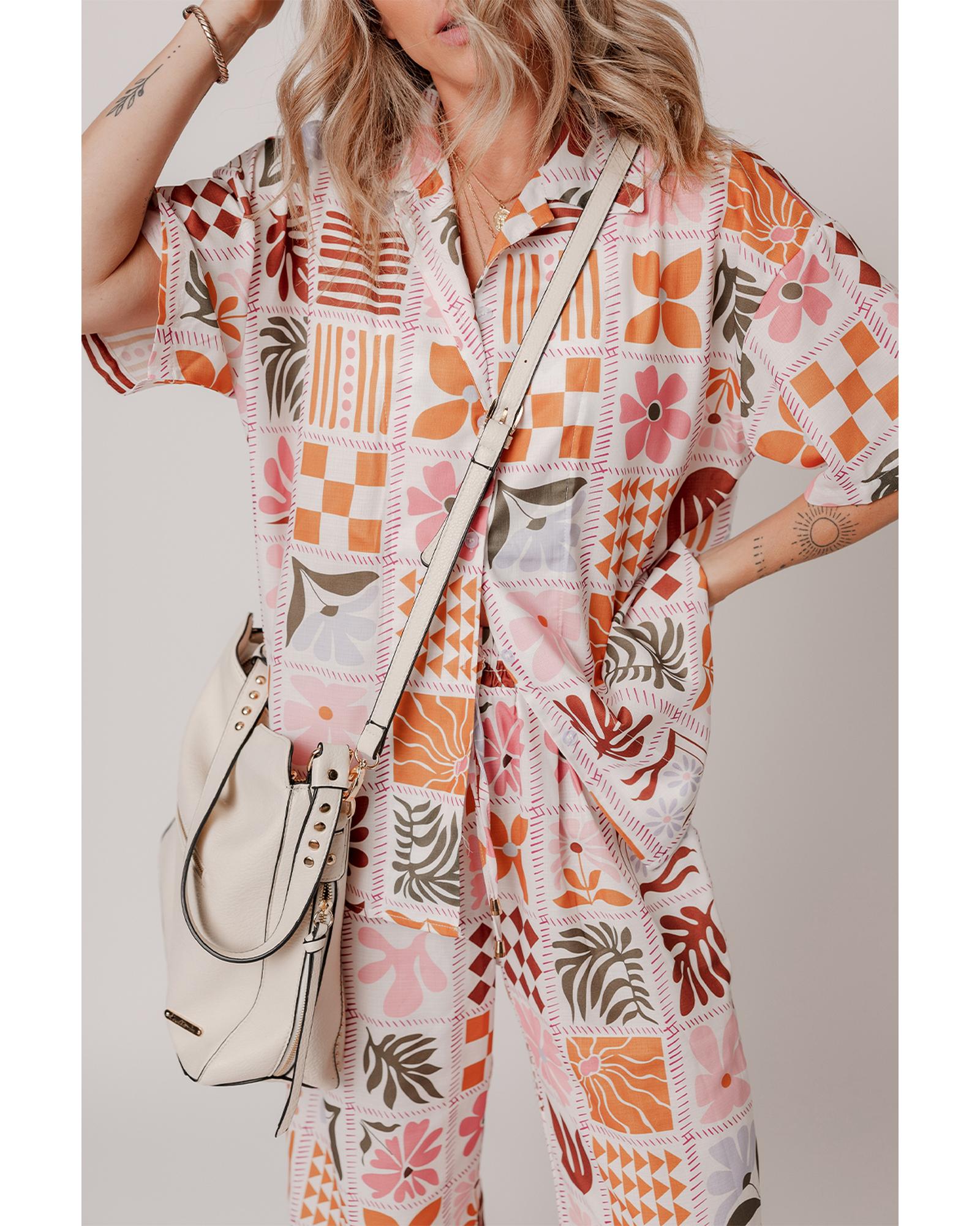 V539-AZEXDC627015-P1420-L-202508302245-00 Orange Plant Checkered Print Collared Shirt and Wide Leg Pants Set - L - Image 1