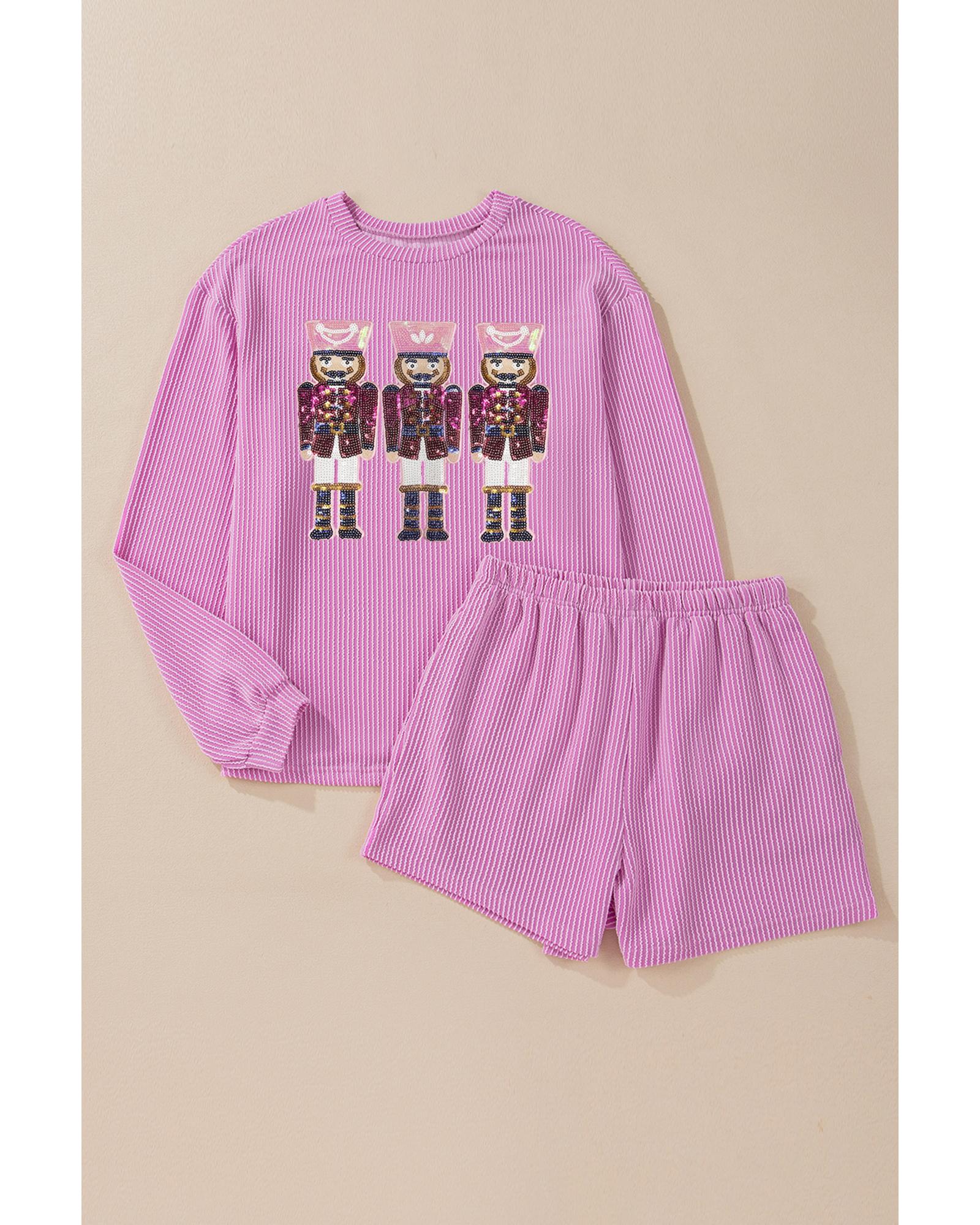 V539-AZEXDC627035-P608-S-202506150007-00 Phalaenopsis Sequin Nutcracker Patched Long Sleeve Corded Christmas Shorts Set - S - Image 1