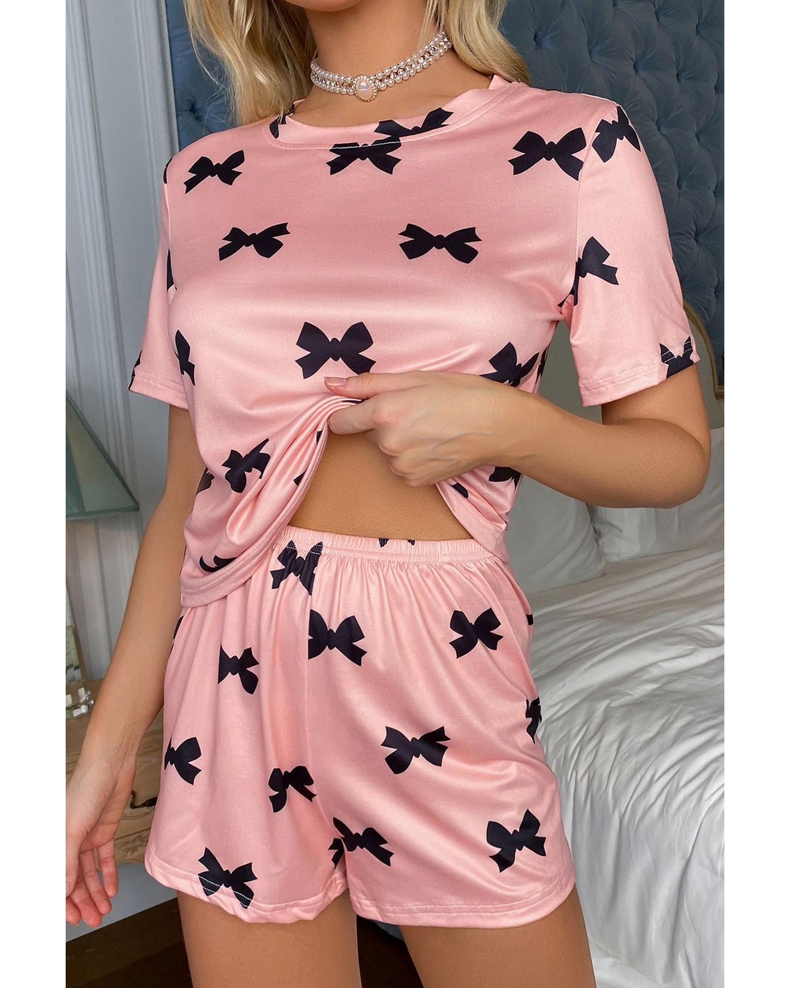 V539-AZEXDC627131-P1020-XL-202508292050-00 Pink Bow Printed Short 2pcs Lounge Set - XL - Image 1