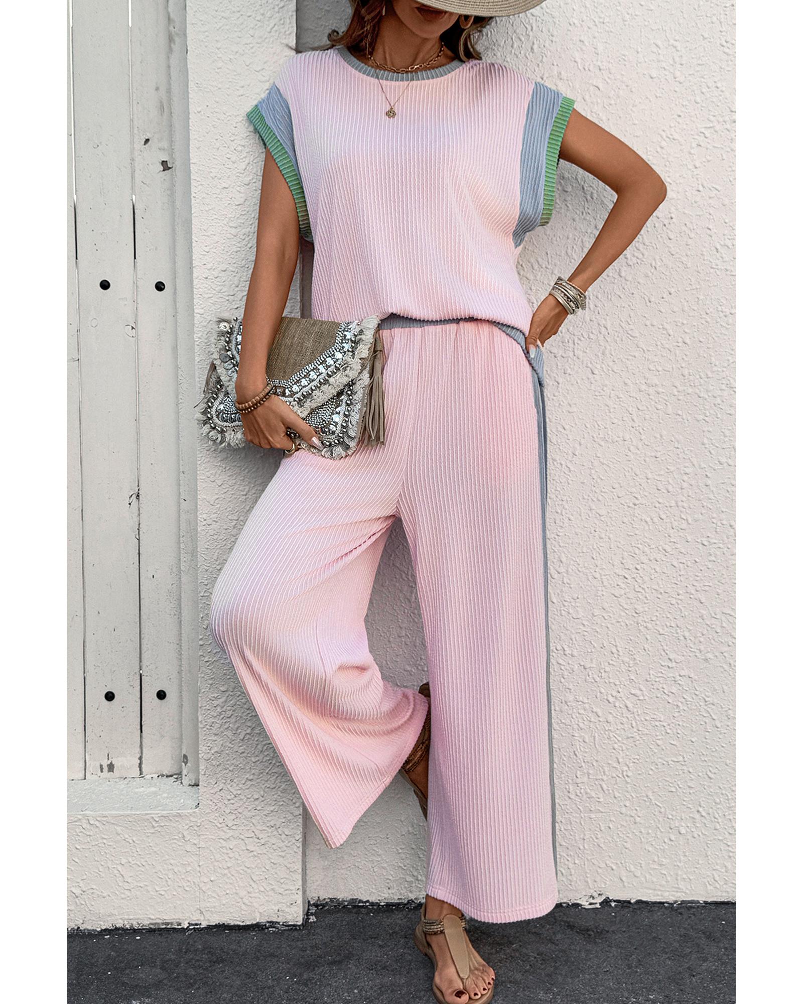 V539-AZEXDC627163-P1022-XL-202508280145-00 Pink Corded Colorblock Patchwork Short Sleeve Top and Loose Pants Set - XL - Image 1