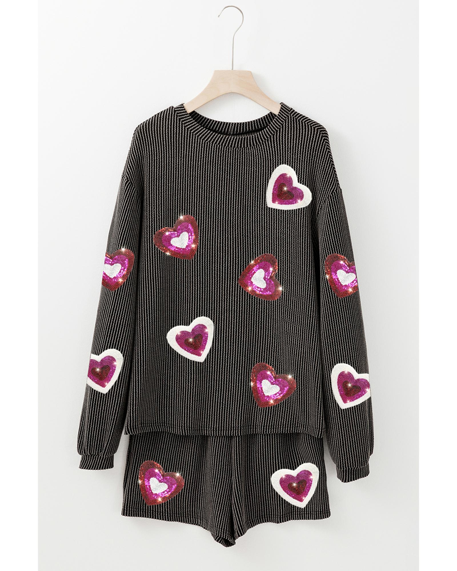 V539-AZEXDC627181-P4011-XL-202508281630-00 Carbon Grey Valentine Sequin Heart Corded Pullover and Shorts Set - XL - Image 1