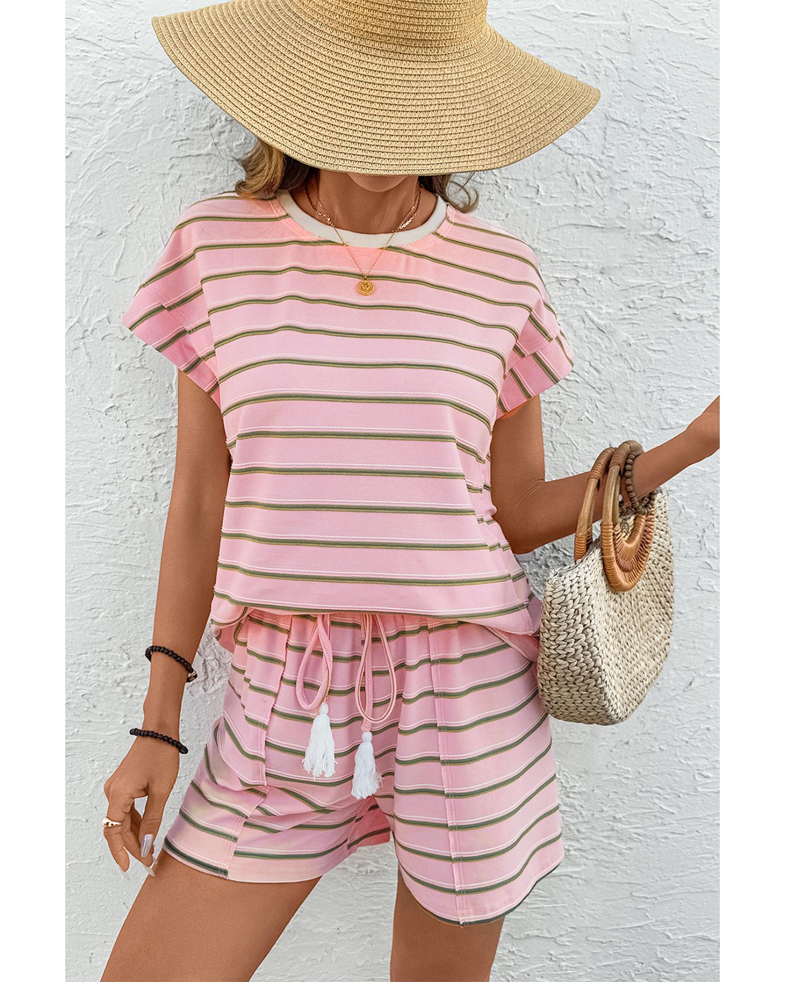 Pink Stripe Wide Short Sleeve Tee and Short Set - S