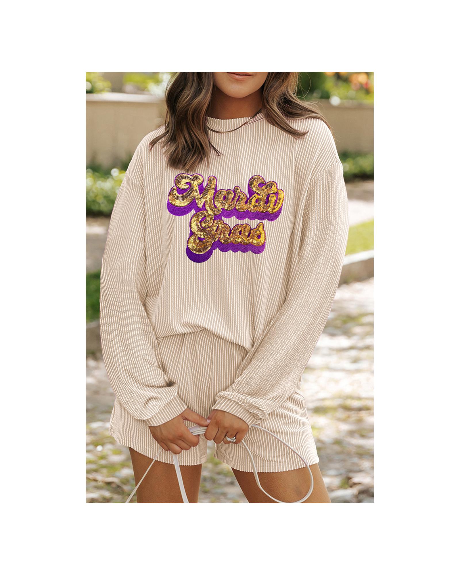 V539-AZEXDC627217-P6016-L-202508280410-00 Parchment Mardi Gras Sequined Corded Knit Two Piece Shorts Set - L - Image 1