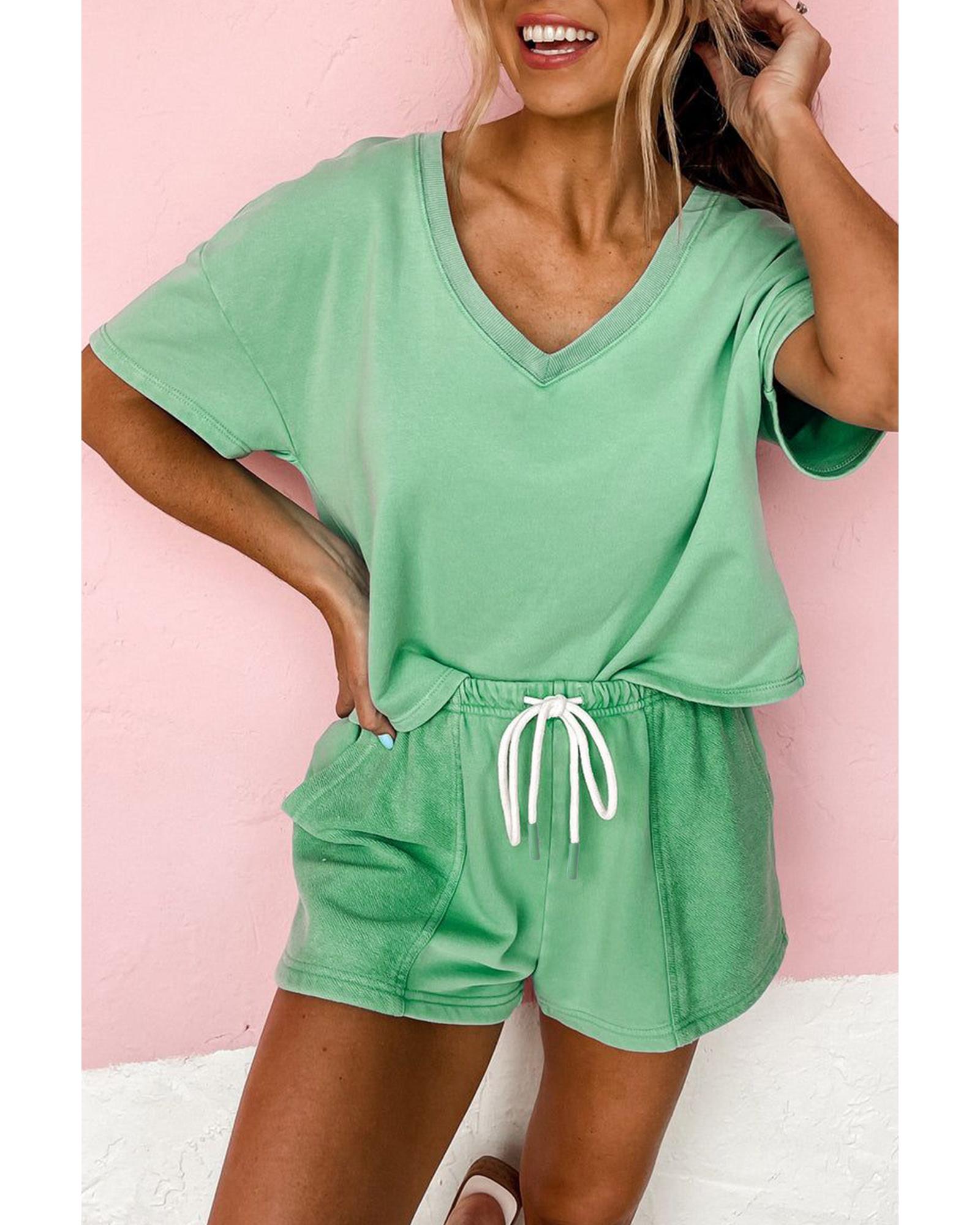 V539-AZEXDC627268-P1009-XL-202508290010-00 Mint Green V Neck Drop Shoulder Tee and Patchwork Drawstring Shorts Set - XL - Image 1
