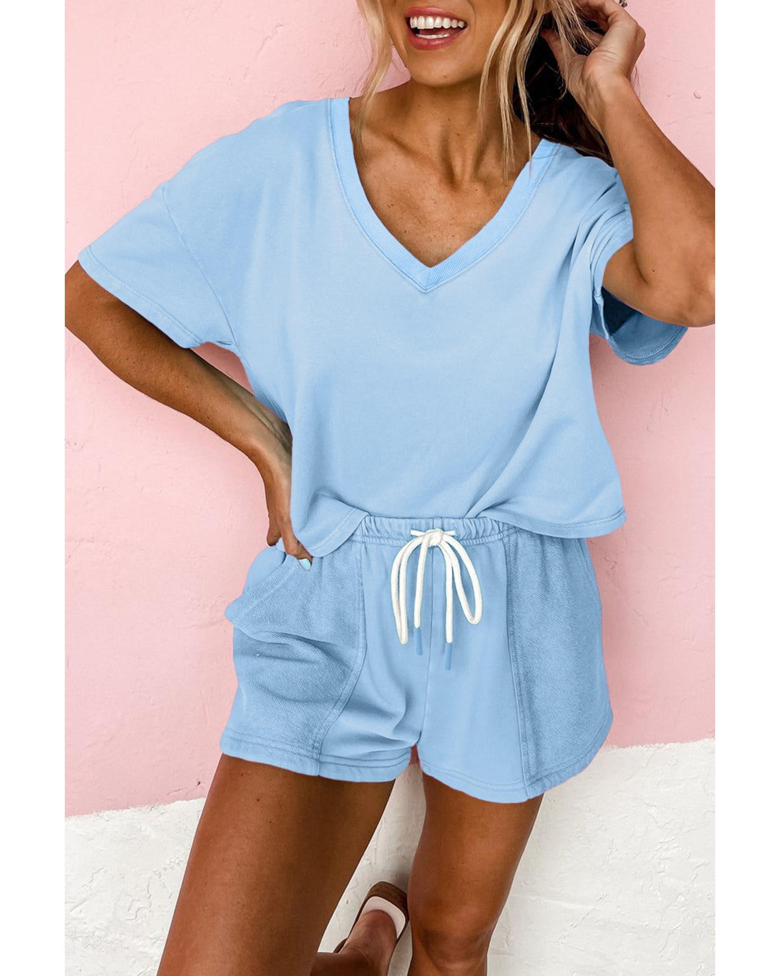 V539-AZEXDC627268-P1204-XL-202508292205-00 Myosotis V Neck Drop Shoulder Tee and Patchwork Drawstring Shorts Set - XL - Image 1