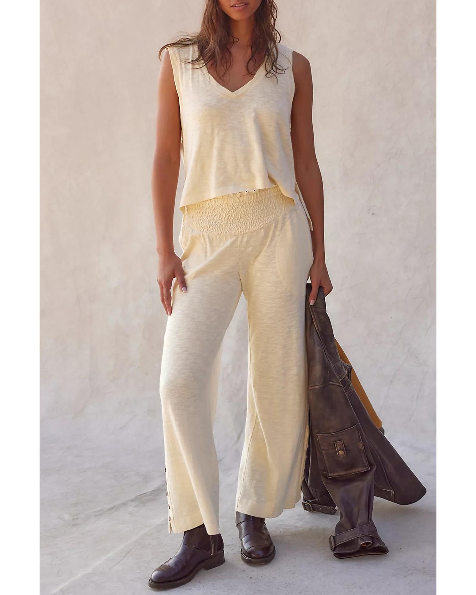 V539-AZEXDC627332-P15-M-202508300610-00 Beige Solid Color Tank Top and Smocked Waist Pants Set - M - Image 1