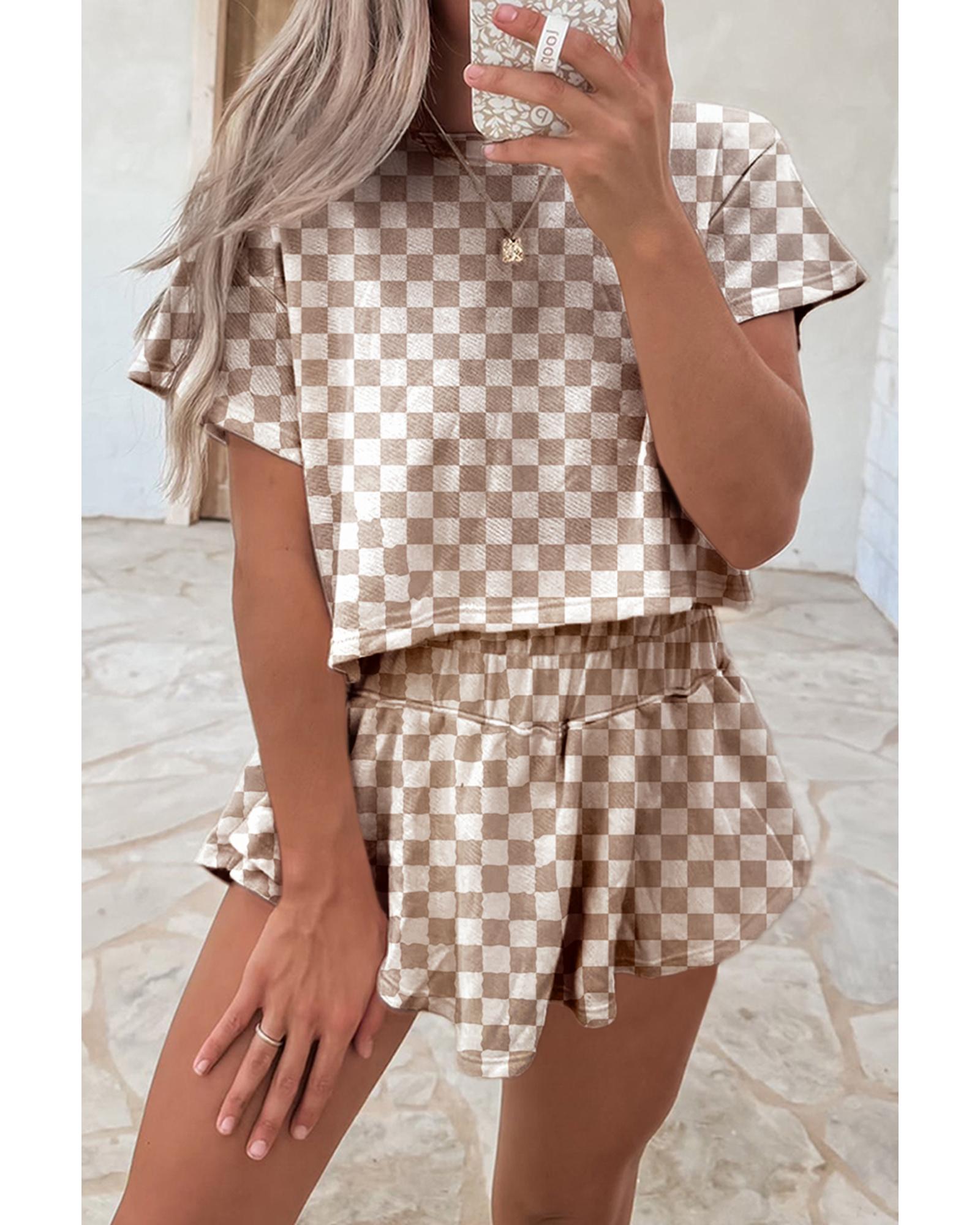 V539-AZEXDC627483-P1720-M-202508301415-00 Brown Checkerboard T Shirt and High Waist Skorts 2 Piece Outfit - M - Image 1