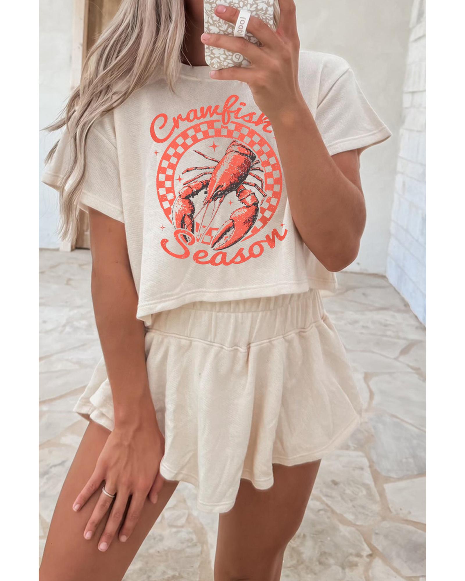 V539-AZEXDC627577-P15-XL-202508301020-00 Beige Crawfish Season Print T Shirt and High Waist Ruffle Skorts Set - XL - Image 1