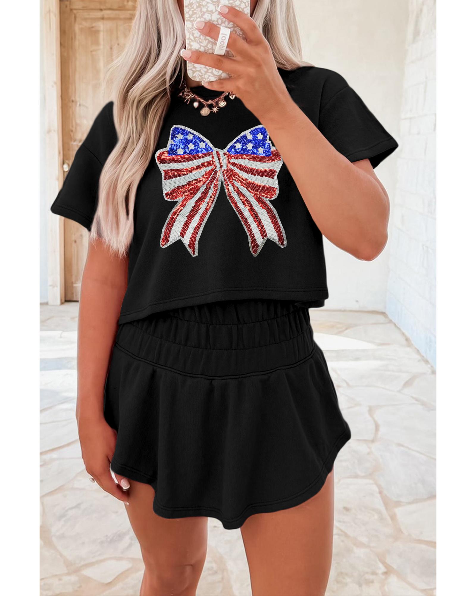 V539-AZEXDC627763-P2-L-202506150310-00 Black Sequined Flag Bow Pattern Short 2pcs Skort Set - L - Image 1