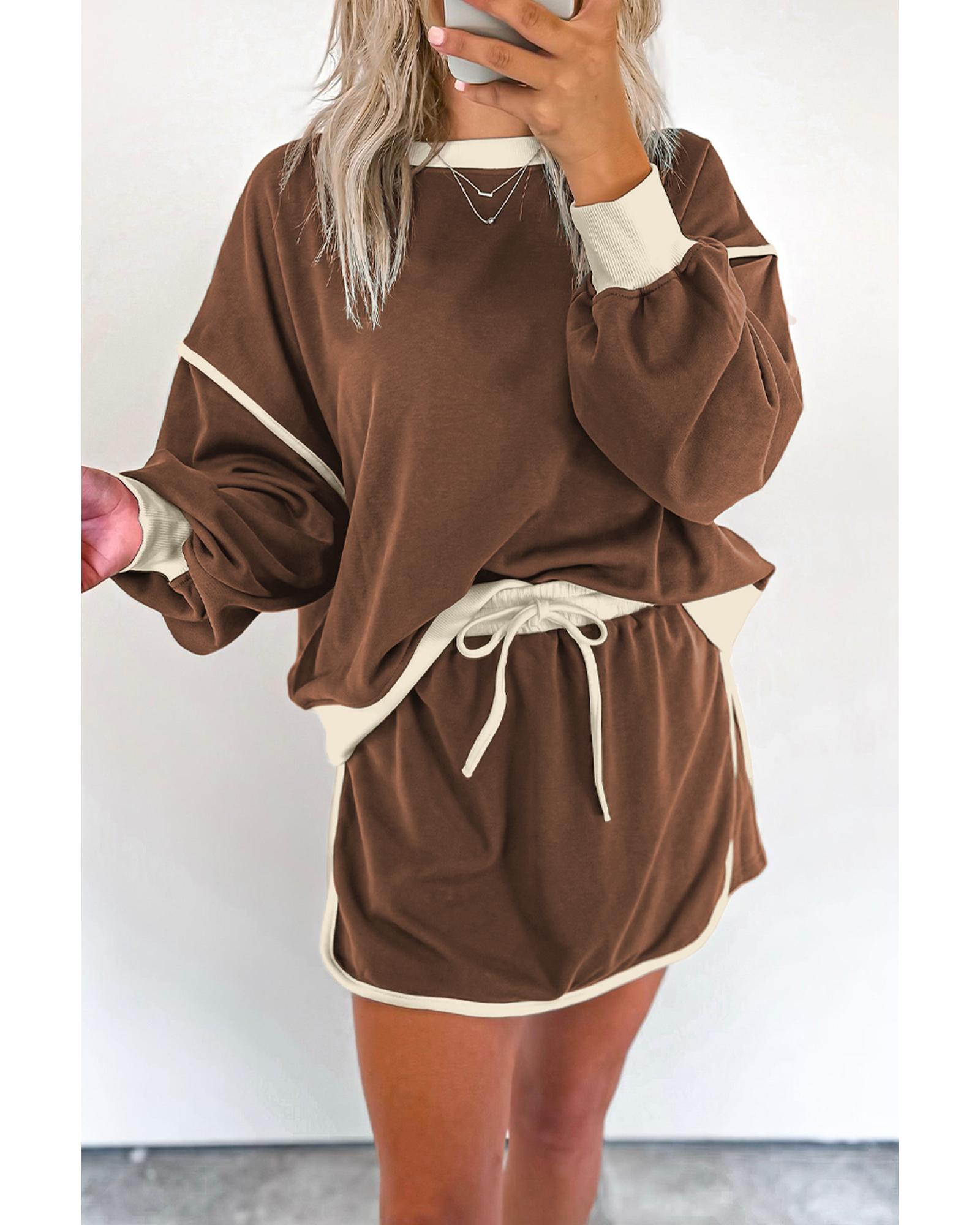 V539-AZEXDC631113-P1017-XL-202506150315-00 Coffee Color Contrast Loose Pullover and Lace-up Waist Skort Set - XL - Image 1
