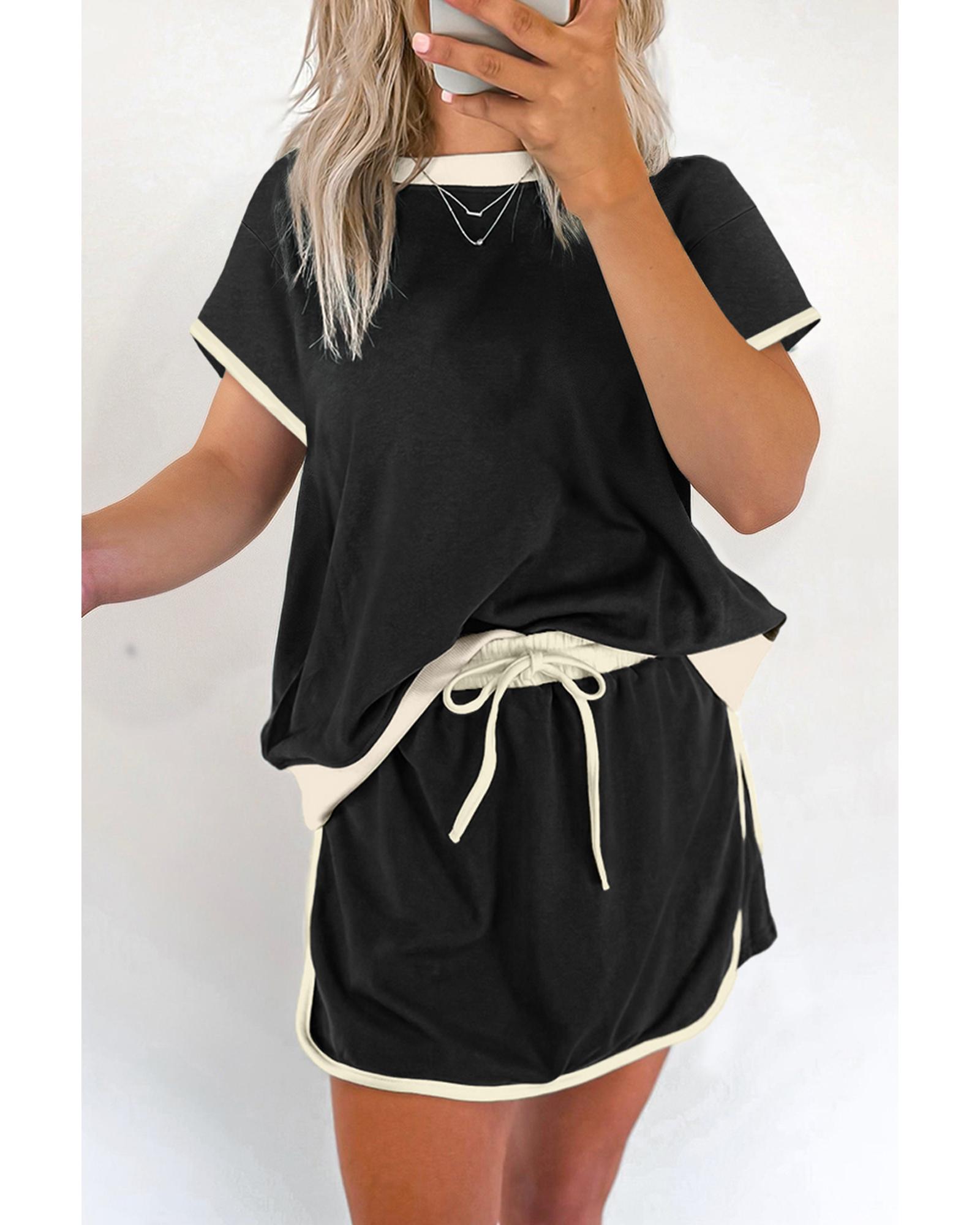 V539-AZEXDC631178-P2-XL-202508310135-00 Black Colorblock Edge Drop Shoulder T Shirt and Skort 2Pcs Set - XL - Image 1