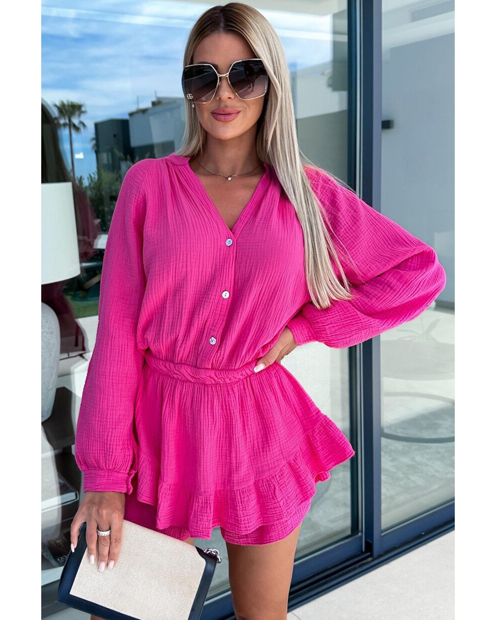 Azura Exchange Rose Textured Tiered Ruffled Buttoned Long Sleeve Romper - S