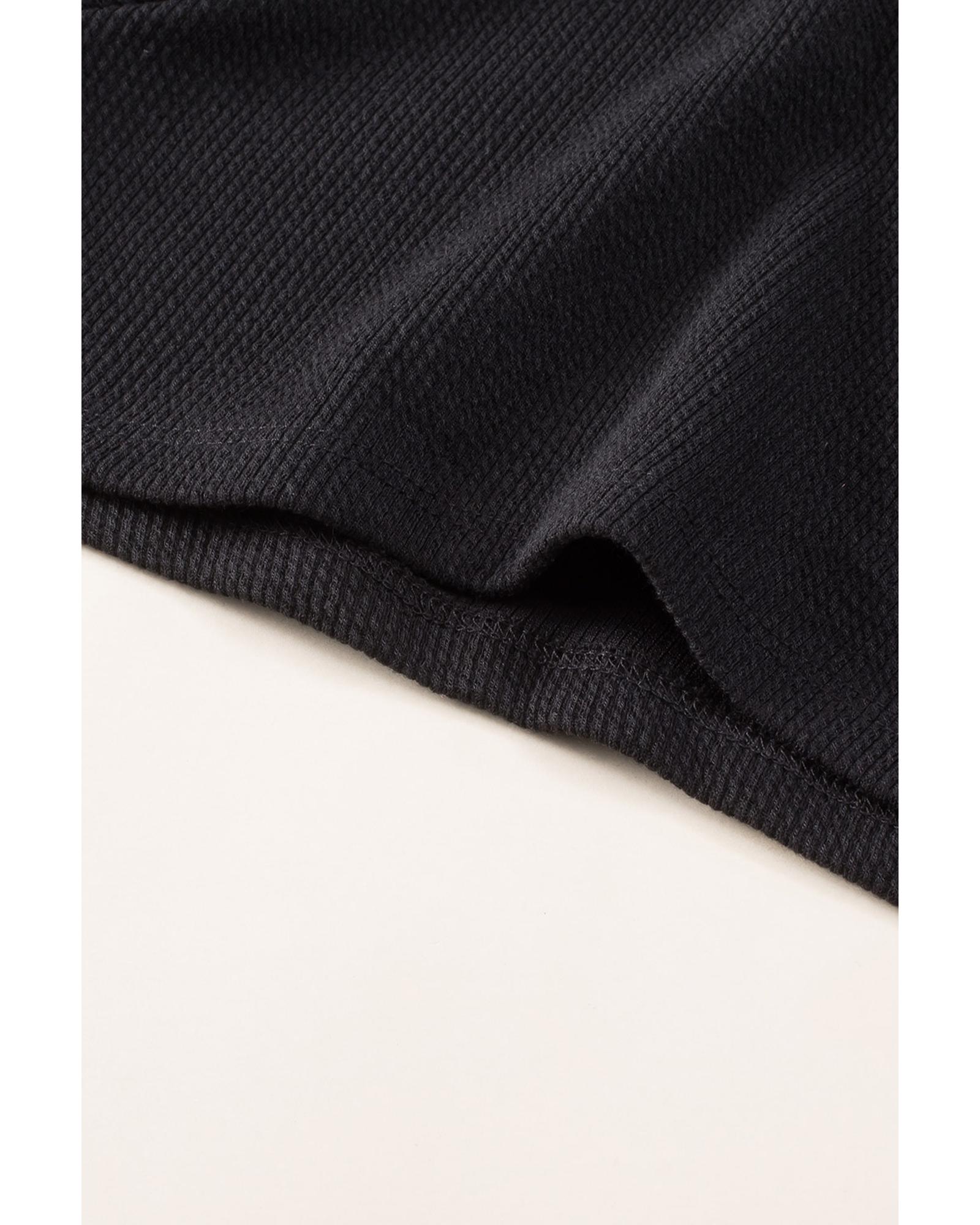 V539-AZEXDC6412340-2-S-202506150052-00 Black Brushed Ribbed Button Split V Neck Long Sleeve Romper - S - Image 1