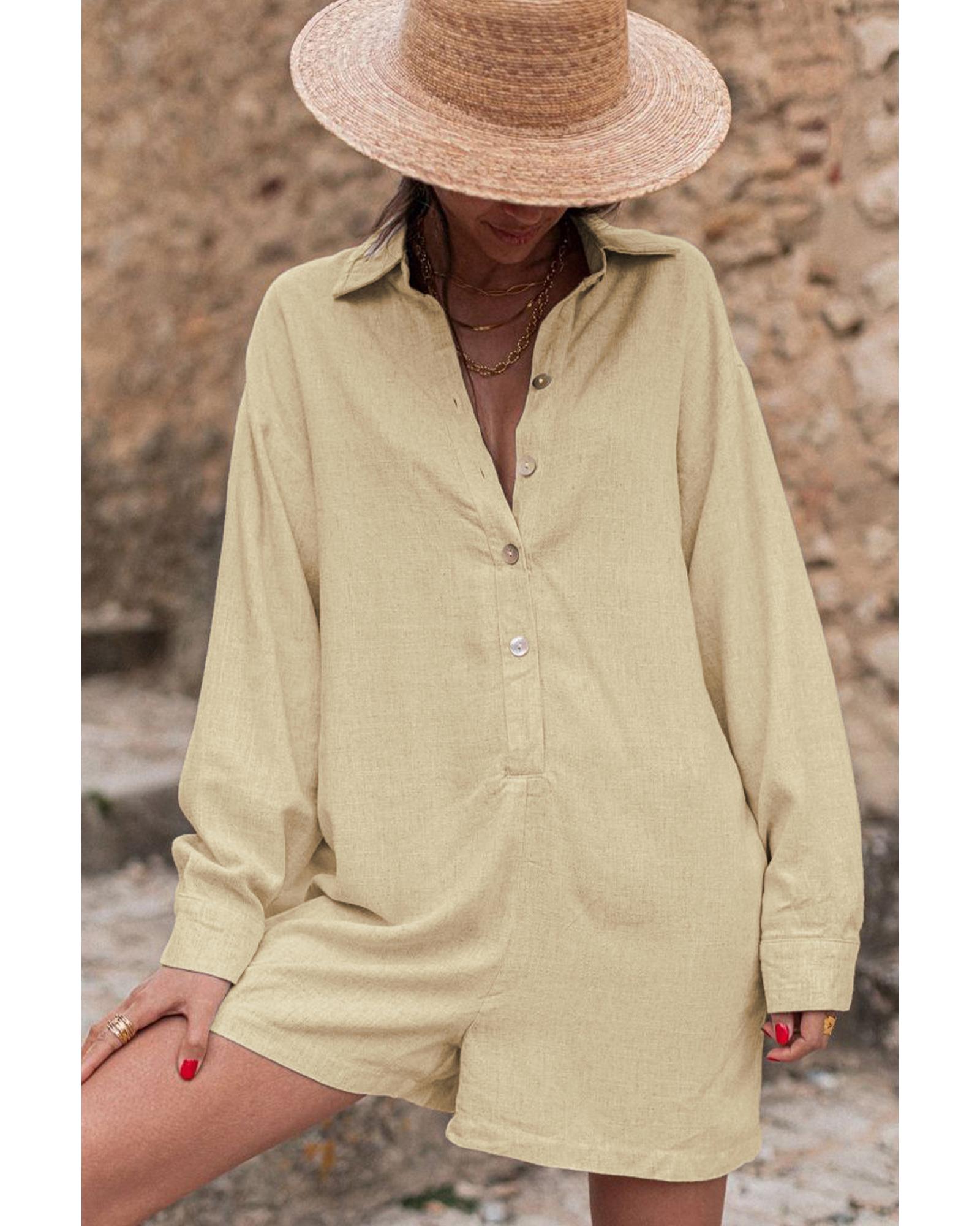 V539-AZEXDC6412780-P15-L-202508281055-00 Half Button Shirt Collar Long Sleeve Loose Romper - L - Image 1