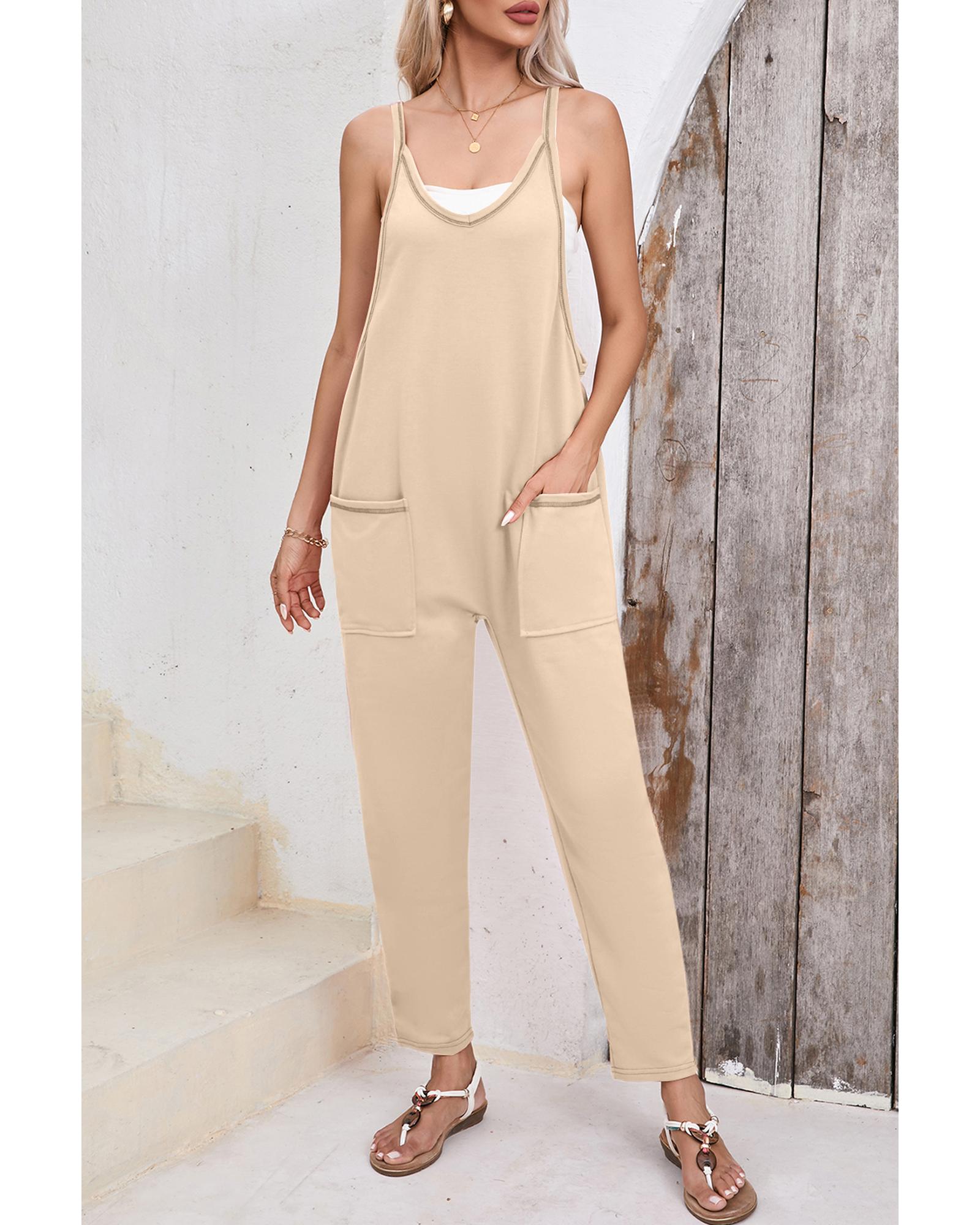 V539-AZEXDC6413197-P18-L-202506150507-00 Apricot Side Pockets Harem Pants Sleeveless V Neck Jumpsuit - L - Image 1