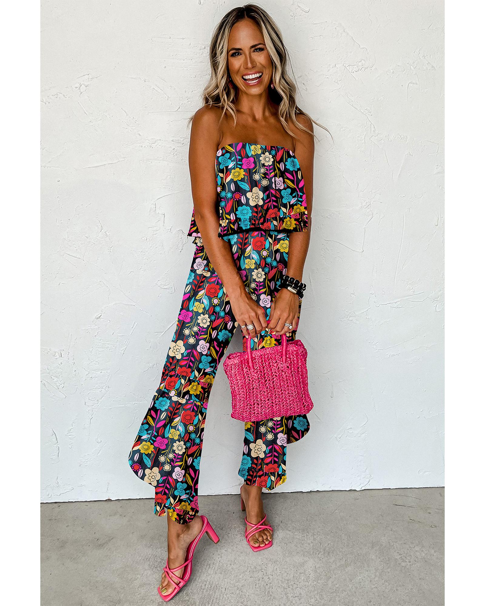 V539-AZEXDC6413368-P322-L-202506150507-00 Red Mix Tropical Print Strapless Ruffled Jumpsuit - L - Image 1