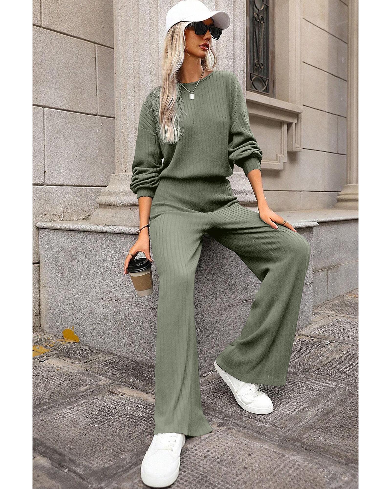 V539-AZEXDC6413558-P1209-S-202506150526-00 Laurel Green Solid Ribbed Knit Keyhole Back High Waist Jumpsuit - S - Image 1