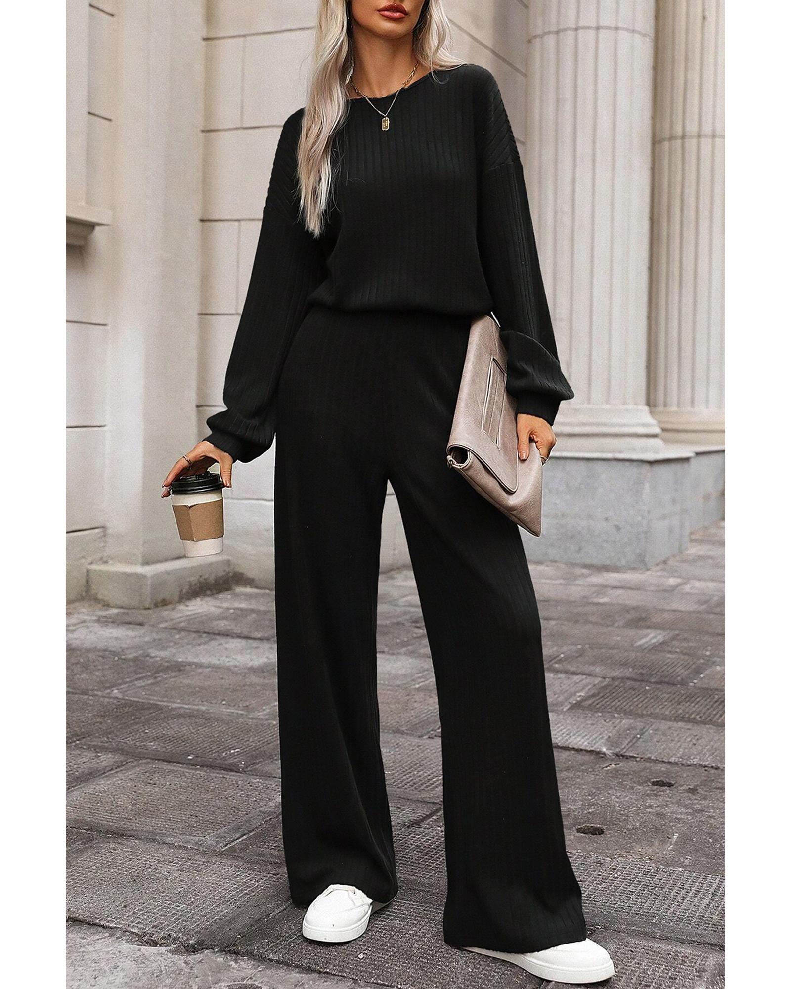 V539-AZEXDC6413558-P2-M-202508300435-00 Black Solid Ribbed Knit Keyhole Back High Waist Jumpsuit - M - Image 1