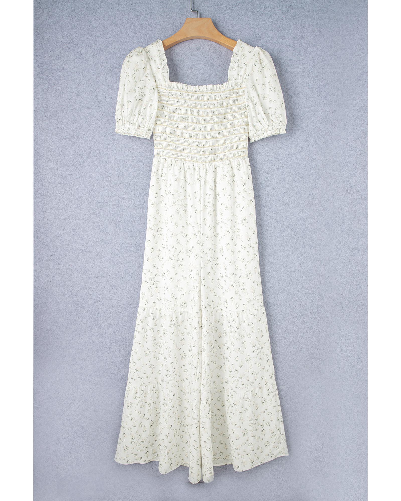 V539-AZEXDC6413571-P120-L-202508280420-00 White Boho Floral Smocked Wide Leg Short Puff Sleeve Jumpsuit - L - Image 1